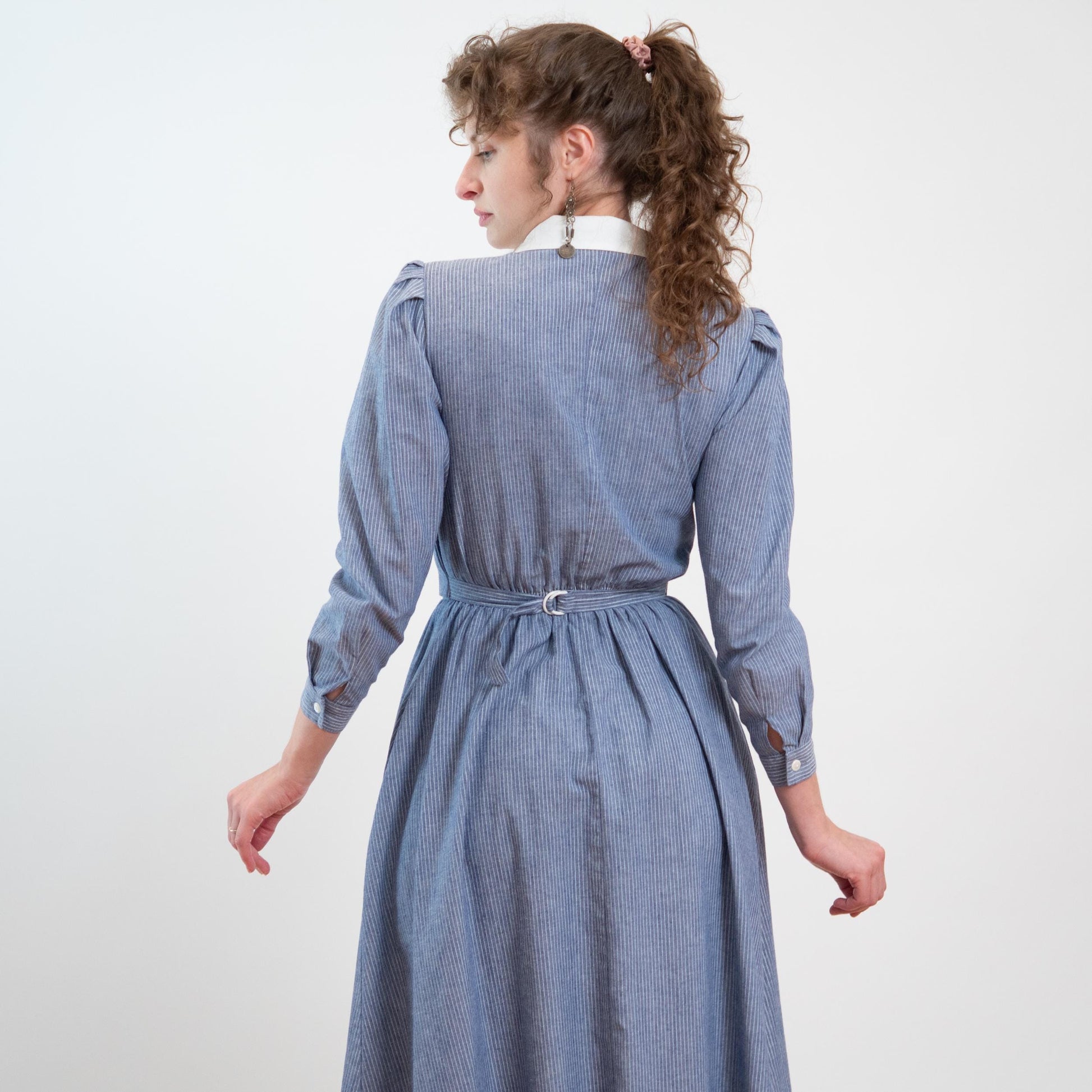 Vintage 80s Does 40s Lanz Blue Pinstriped Jacket-Front Dress - Medium | Two In One Chambray Midi Shirtdress