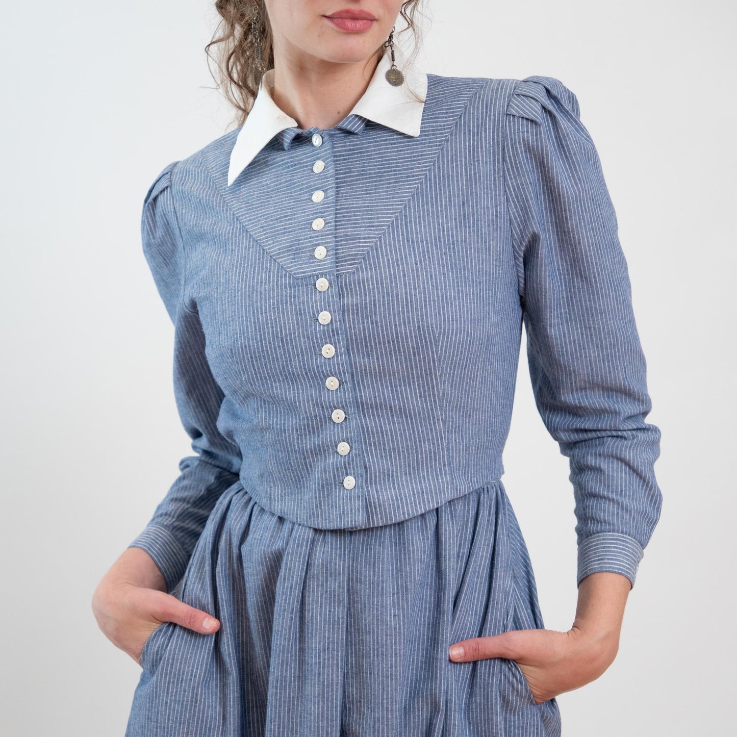 Vintage 80s Does 40s Lanz Blue Pinstriped Jacket-Front Dress - Medium | Two In One Chambray Midi Shirtdress