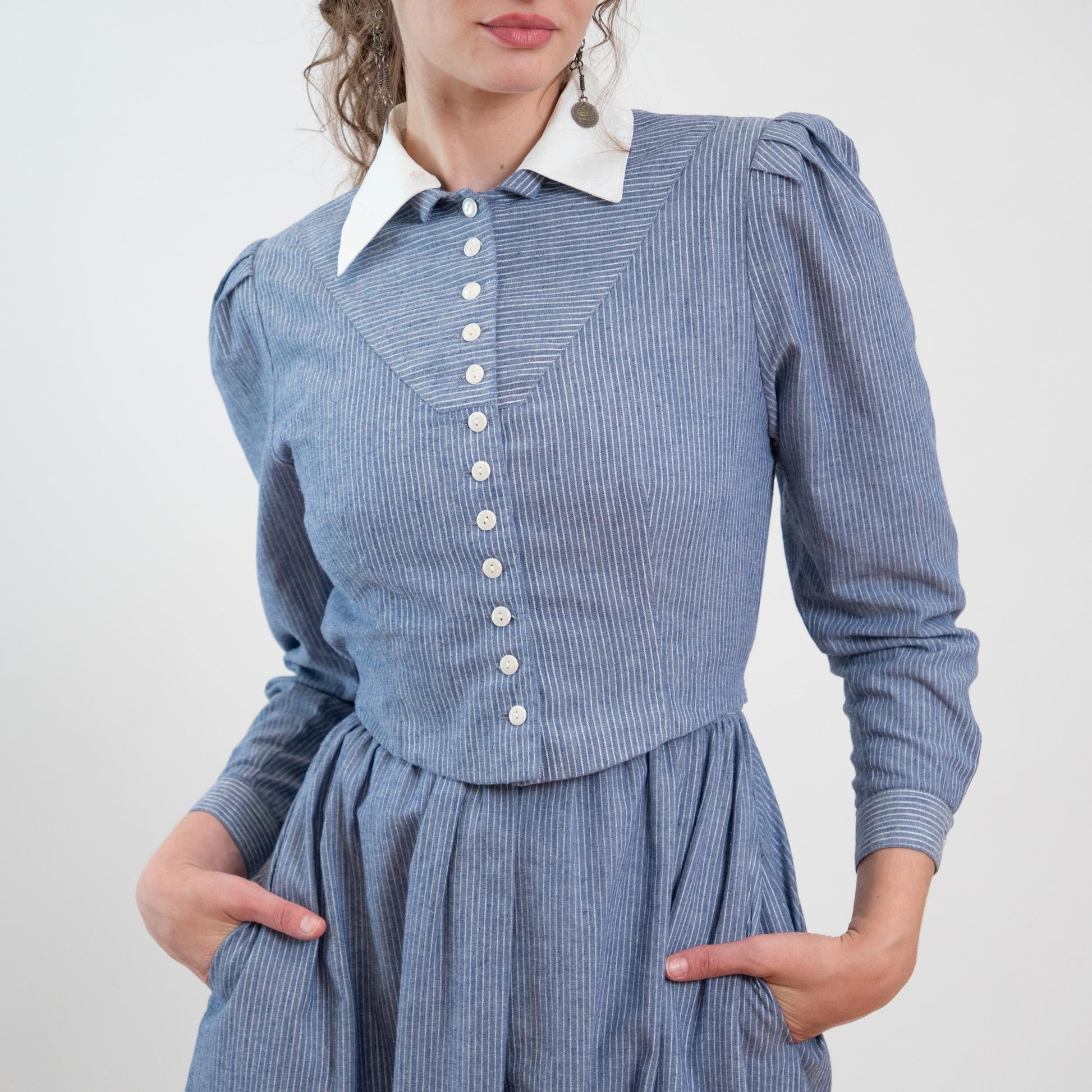 Vintage 80s Does 40s Lanz Blue Pinstriped Jacket-Front Dress - Medium | Two In One Chambray Midi Shirtdress