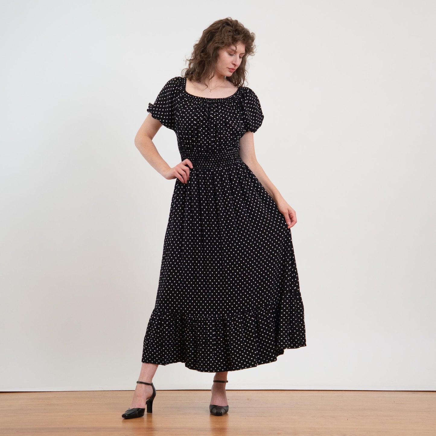 Vintage Y2K Black & White Polka Dot Maxi Peasant Dress - Extra Large