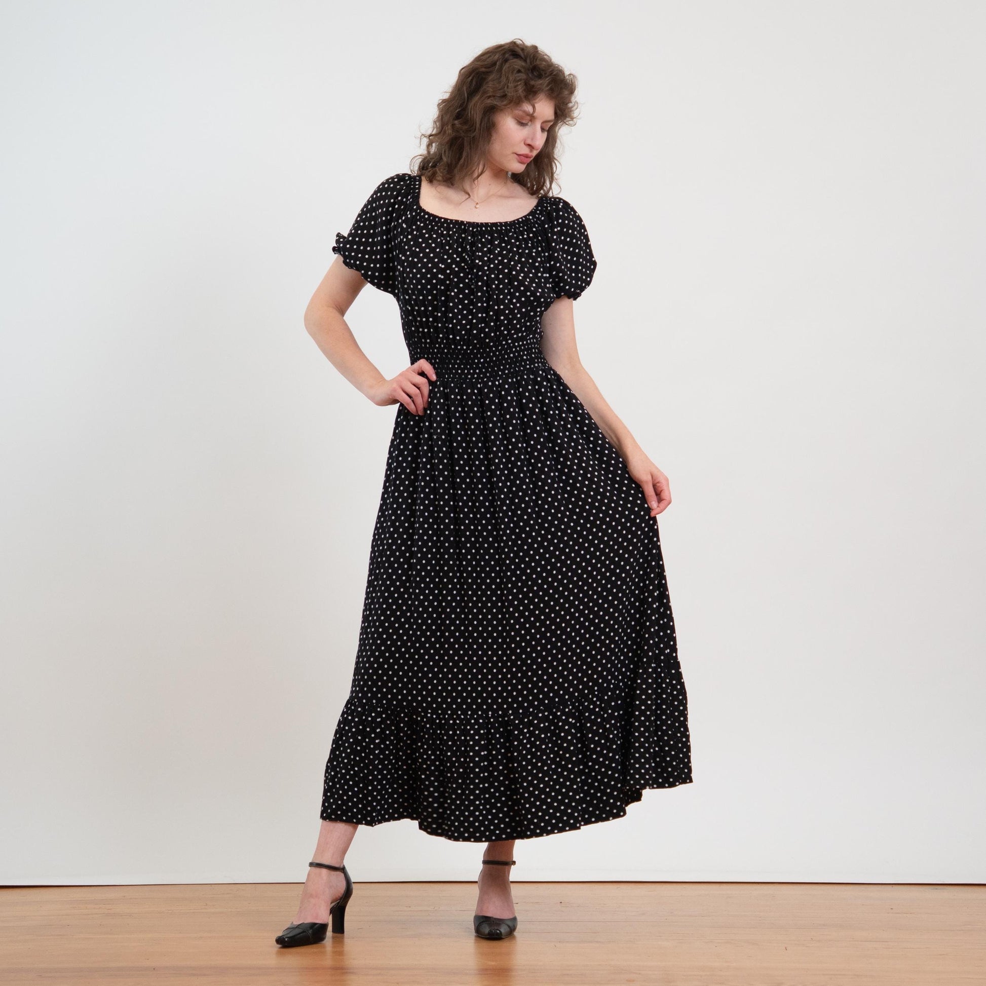 Vintage Y2K Black & White Polka Dot Maxi Peasant Dress - Extra Large