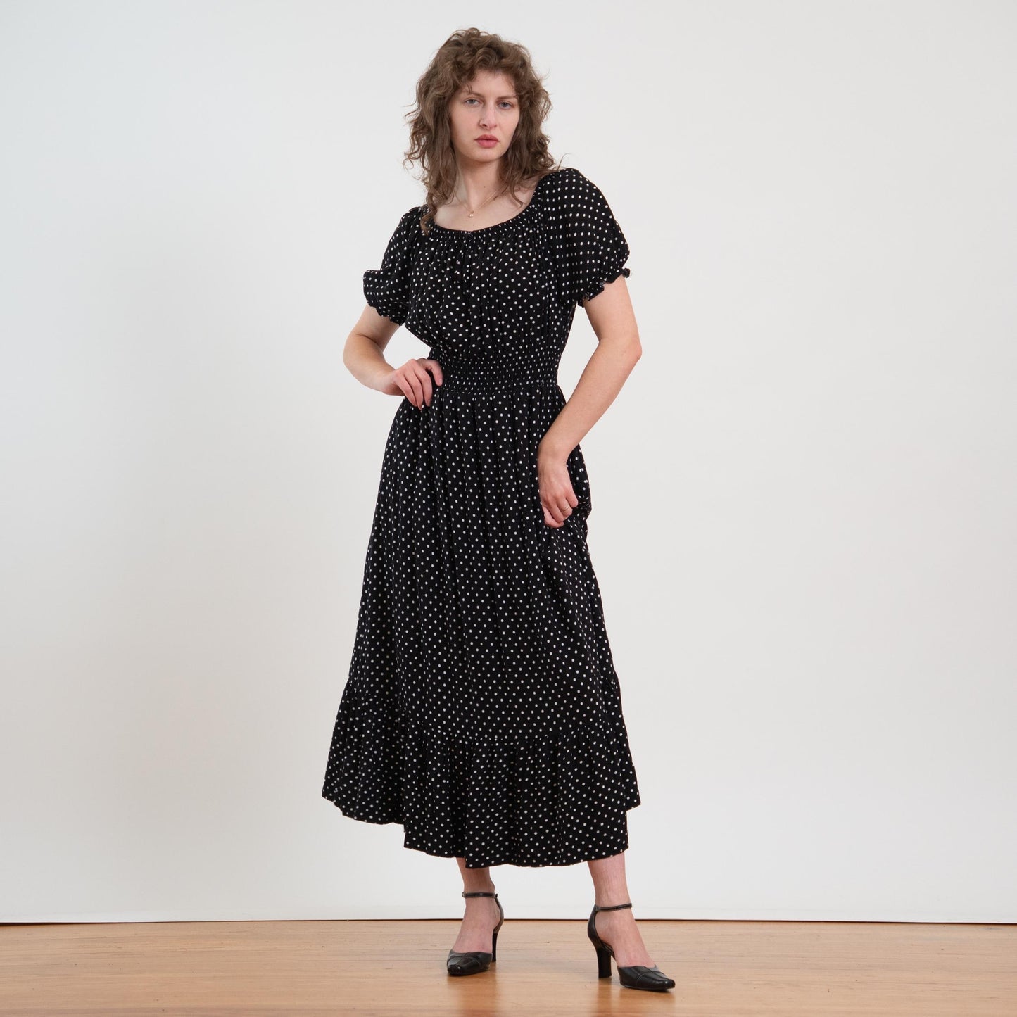 Vintage Y2K Black & White Polka Dot Maxi Peasant Dress - Extra Large