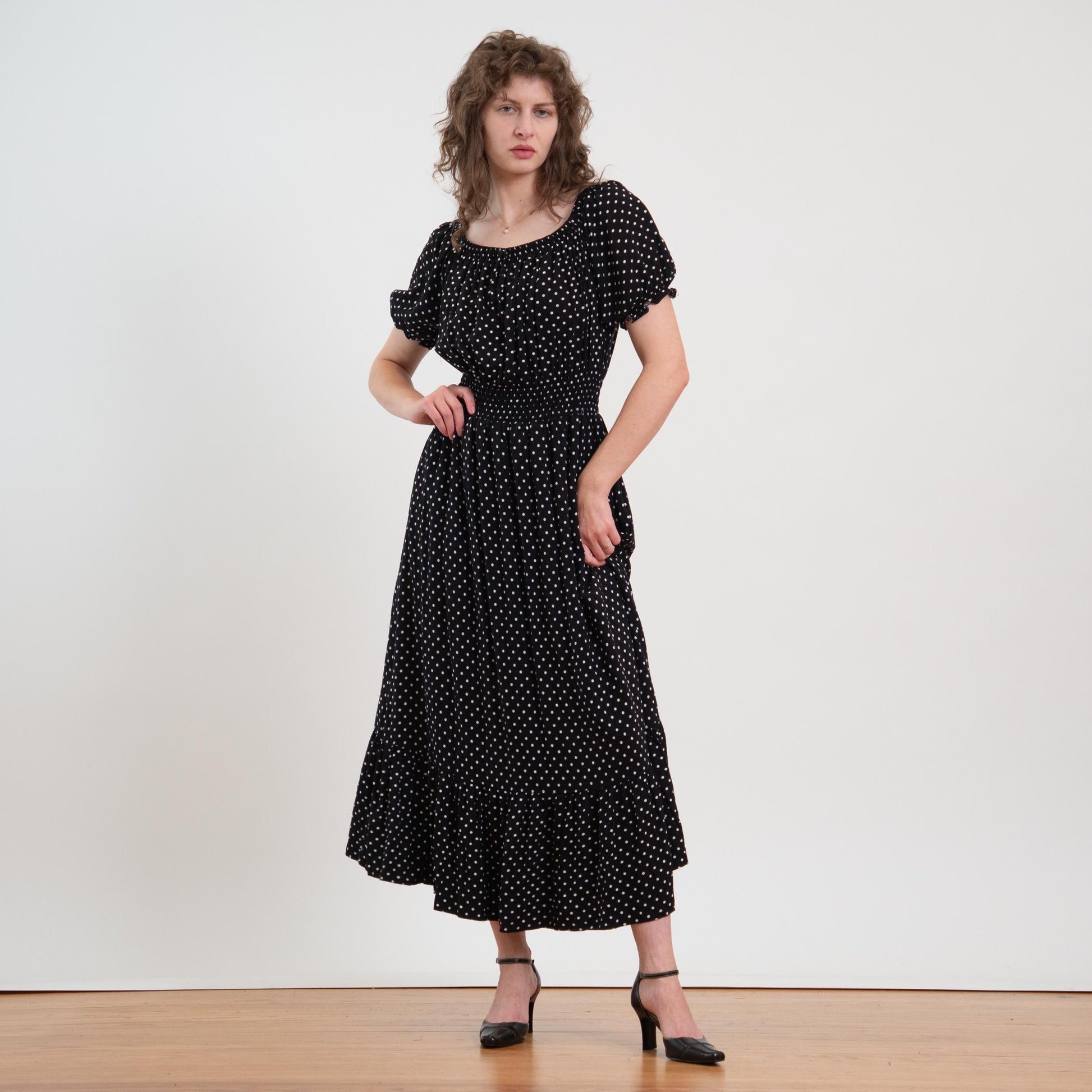 Vintage Y2K Black & White Polka Dot Maxi Peasant Dress - Extra Large