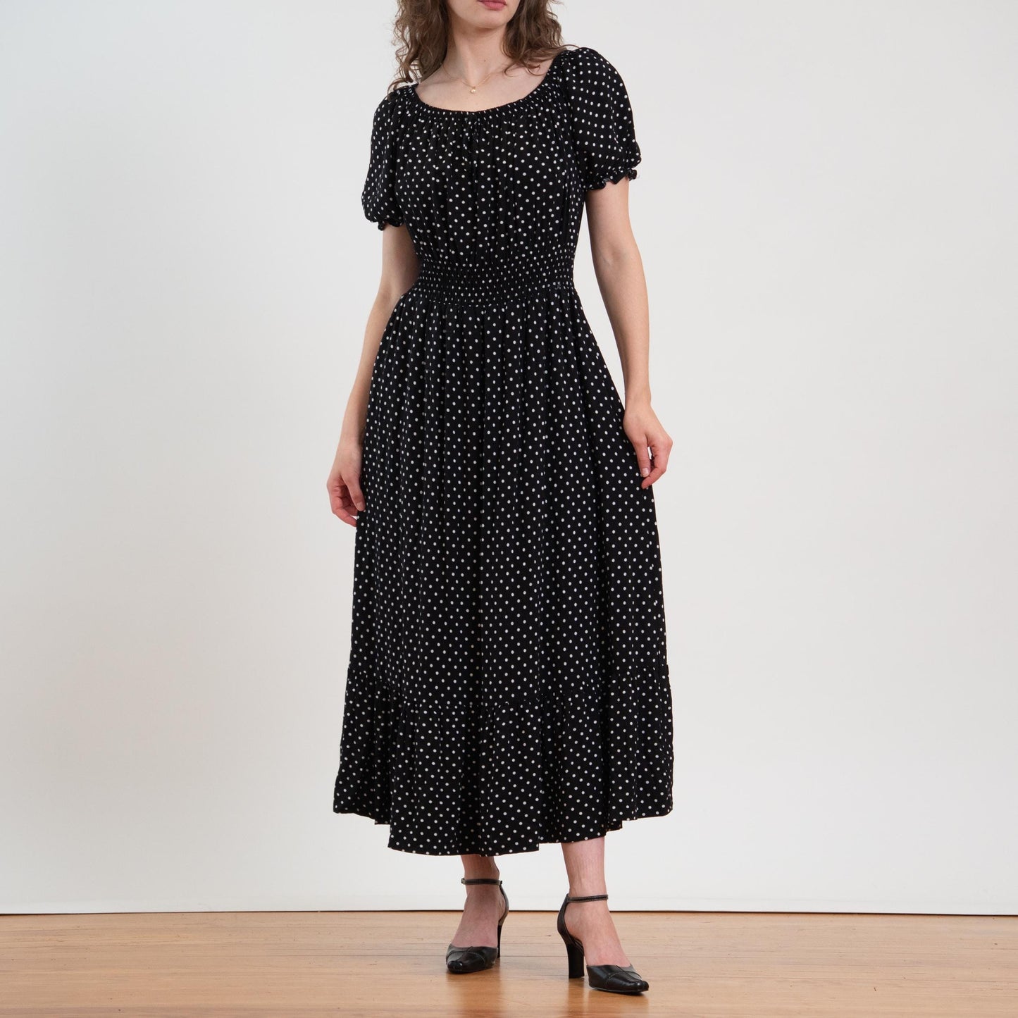 Vintage Y2K Black & White Polka Dot Maxi Peasant Dress - Extra Large