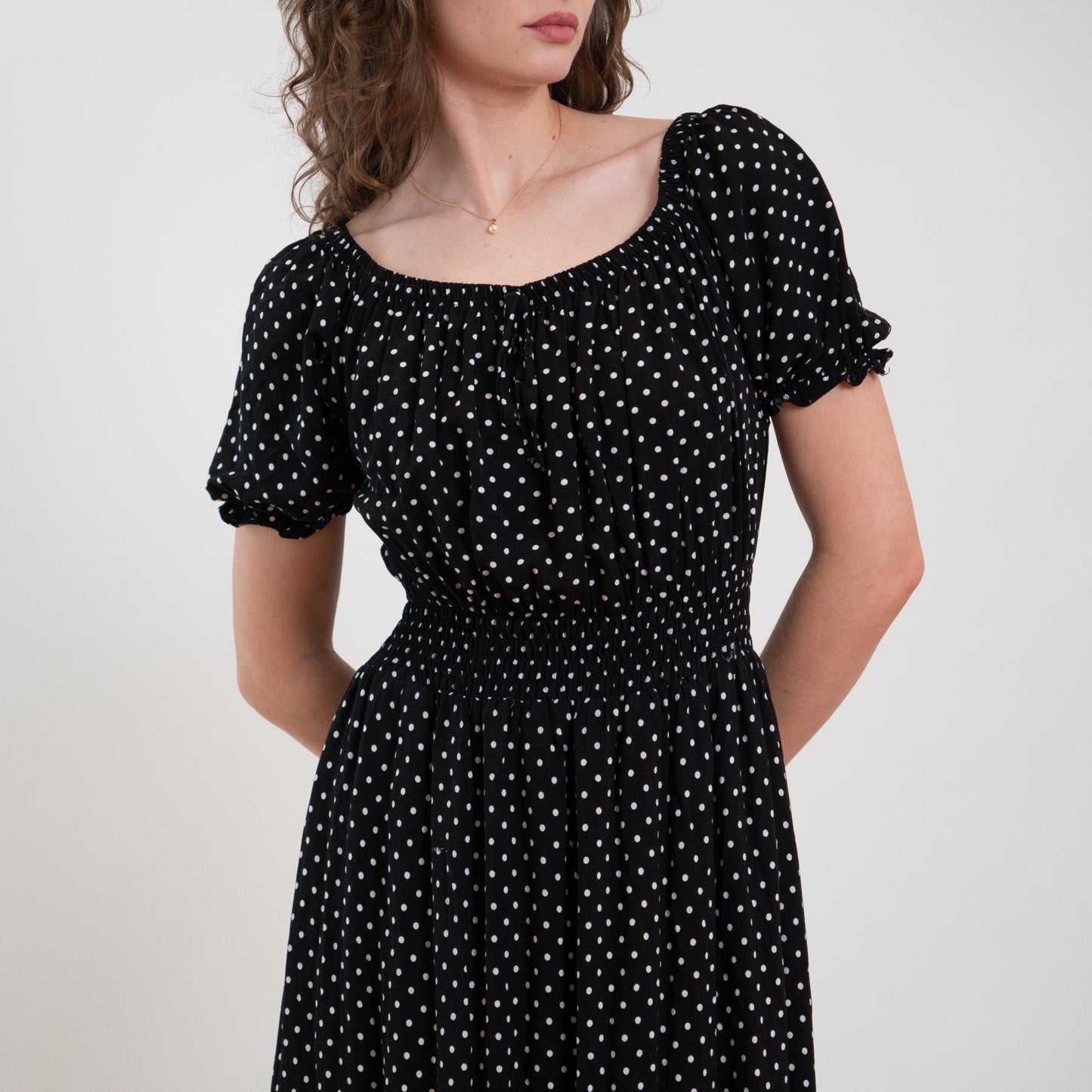 Vintage Y2K Black & White Polka Dot Maxi Peasant Dress - Extra Large