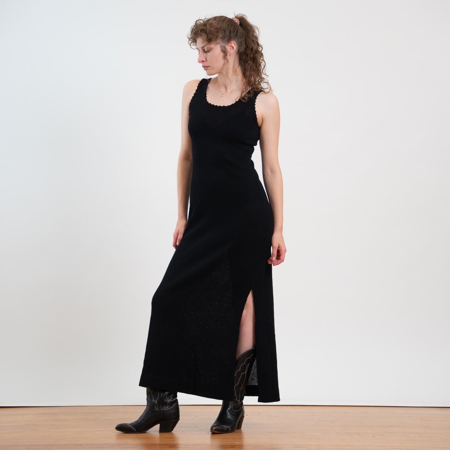 Vintage 70s Black Knit Side Slit Maxi Dress - Small to Medium