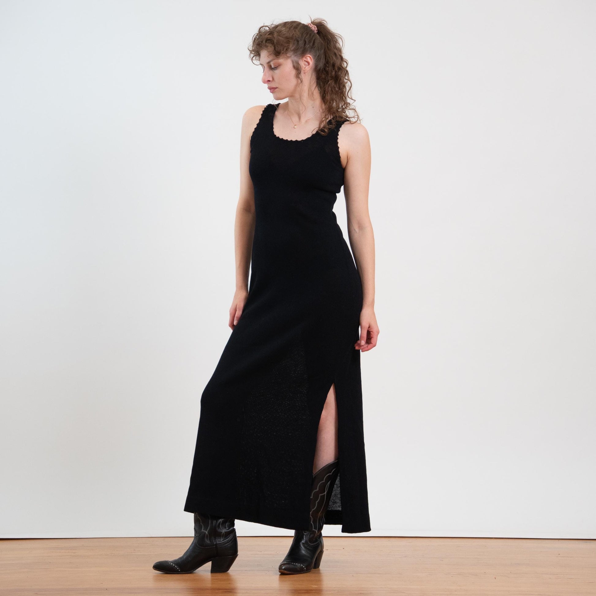 Vintage 70s Black Knit Side Slit Maxi Dress - Small to Medium