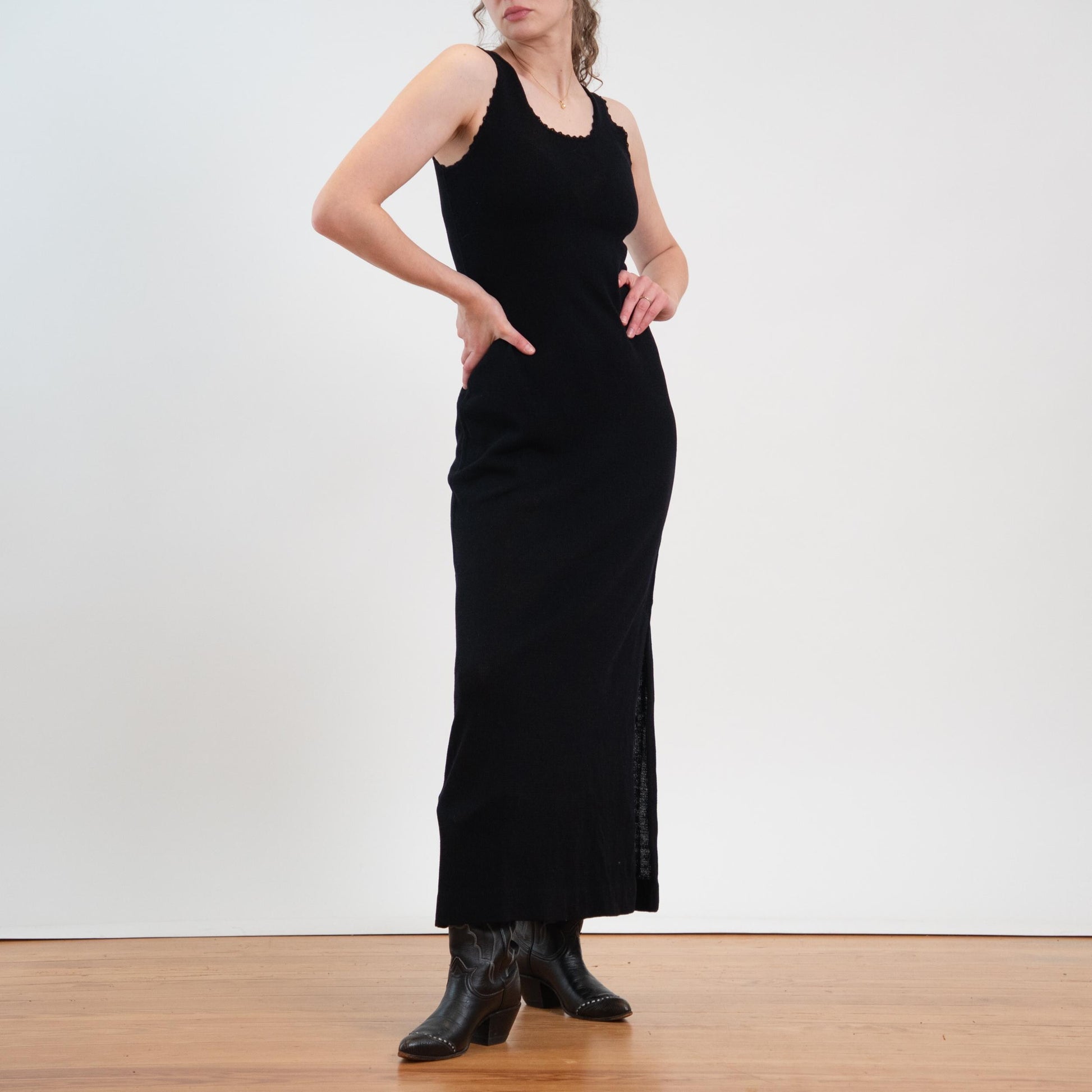 Vintage 70s Black Knit Side Slit Maxi Dress - Small to Medium