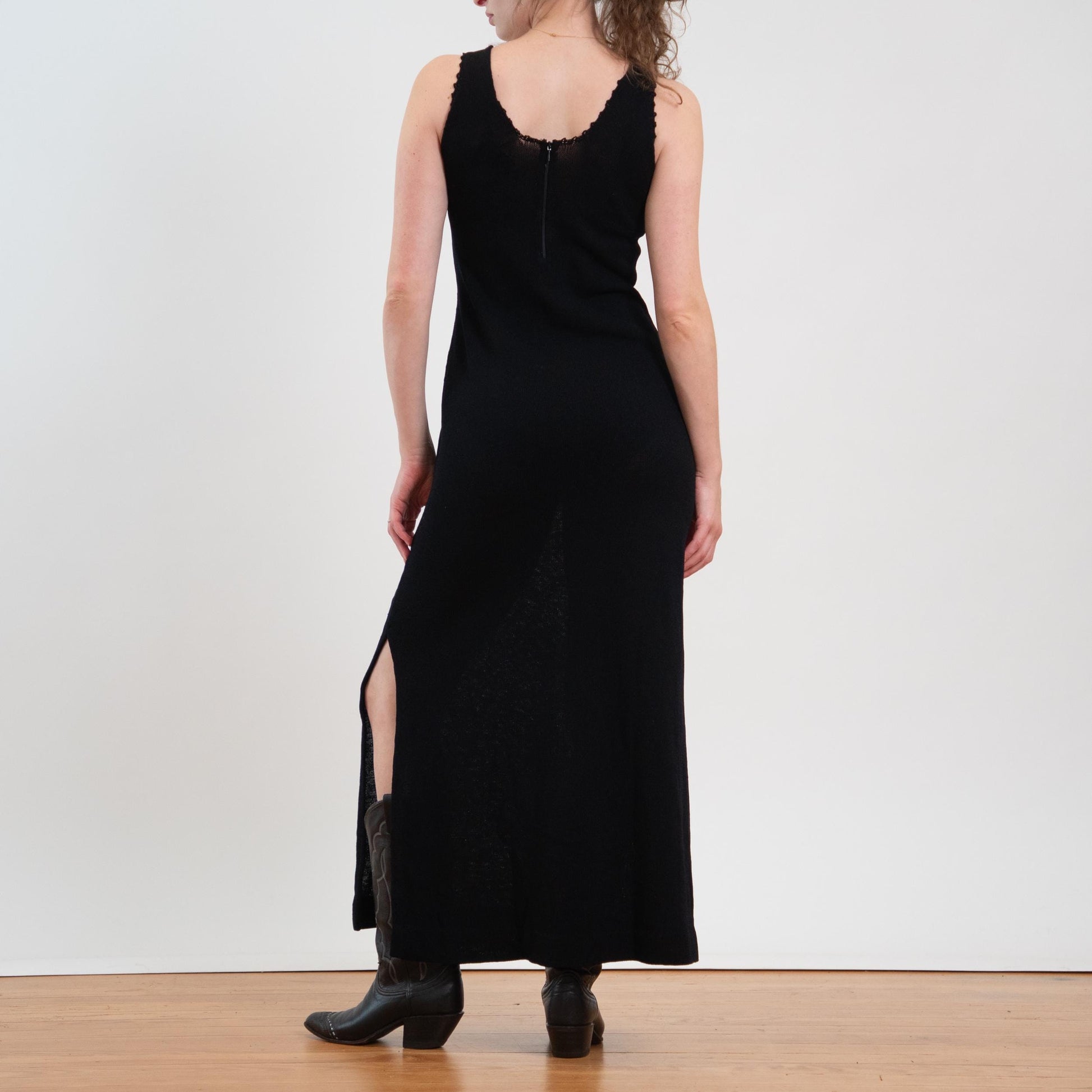 Vintage 70s Black Knit Side Slit Maxi Dress - Small to Medium