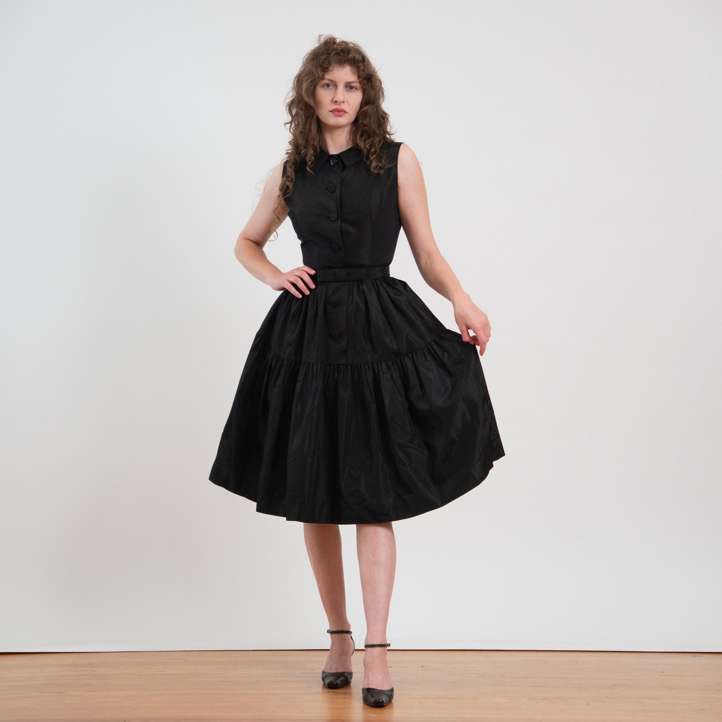 Vintage 50s Black Taffetta Fit & Flare Party Dress - Extra Small