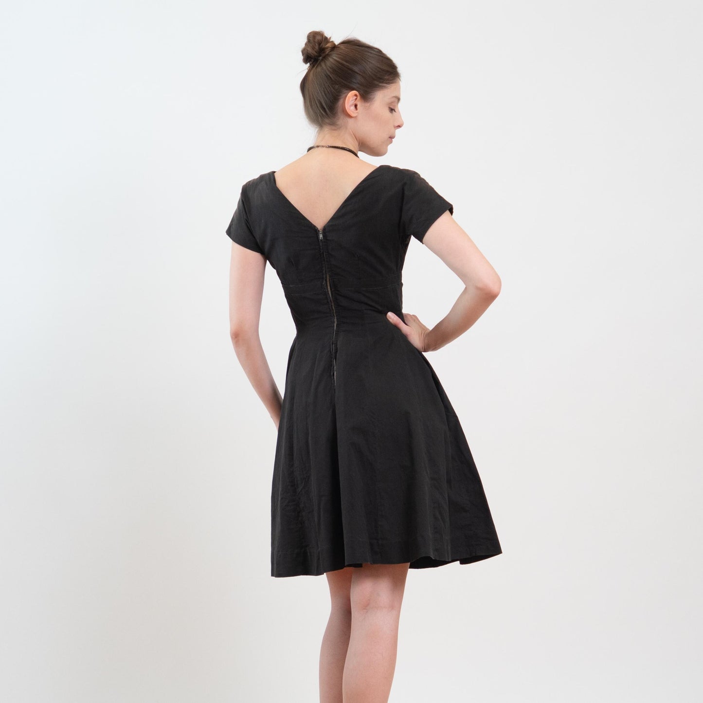 Vintage 50s Faded Black Shelf Bust Fit & Flare Dress, As Is - Extra Small