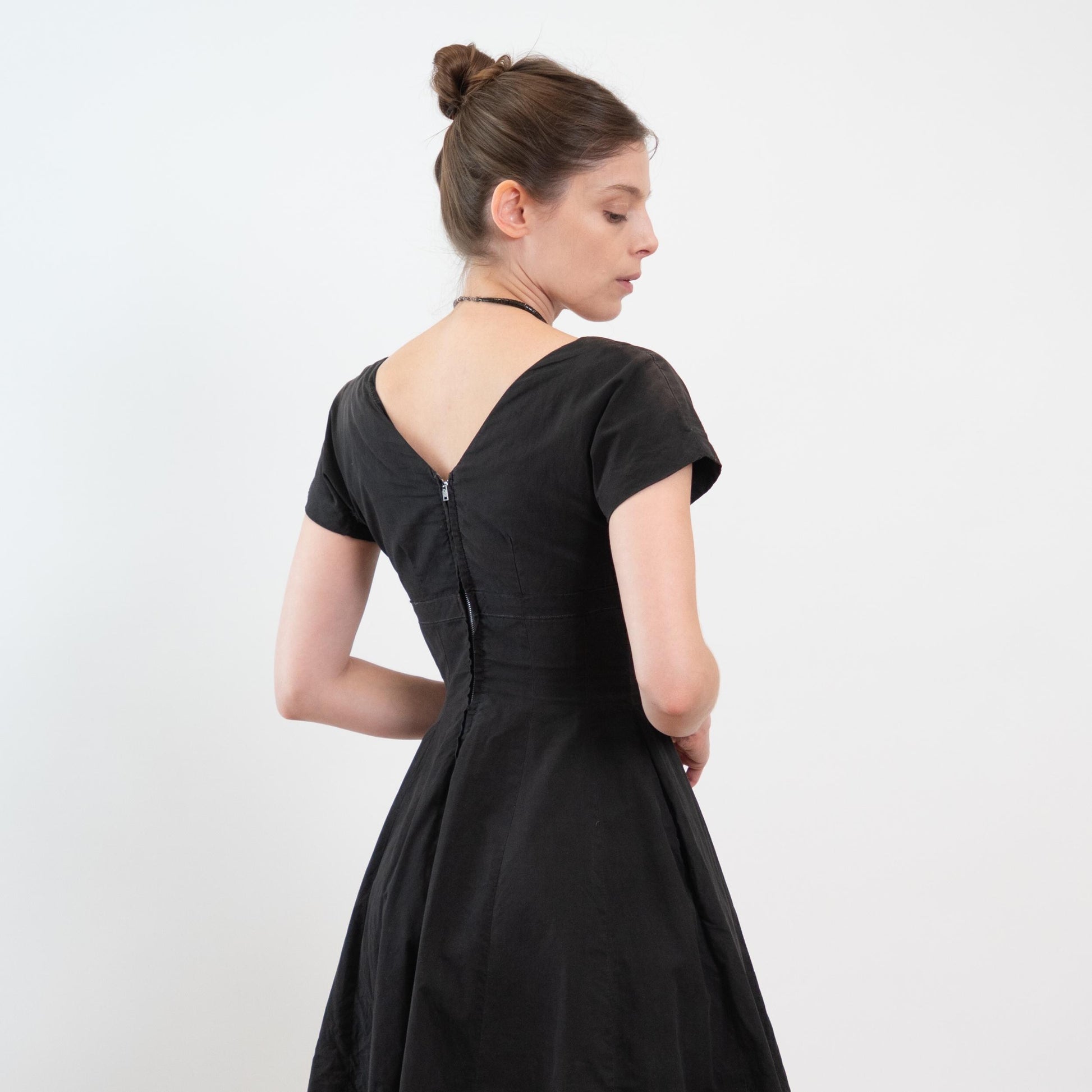 Vintage 50s Faded Black Shelf Bust Fit & Flare Dress, As Is - Extra Small