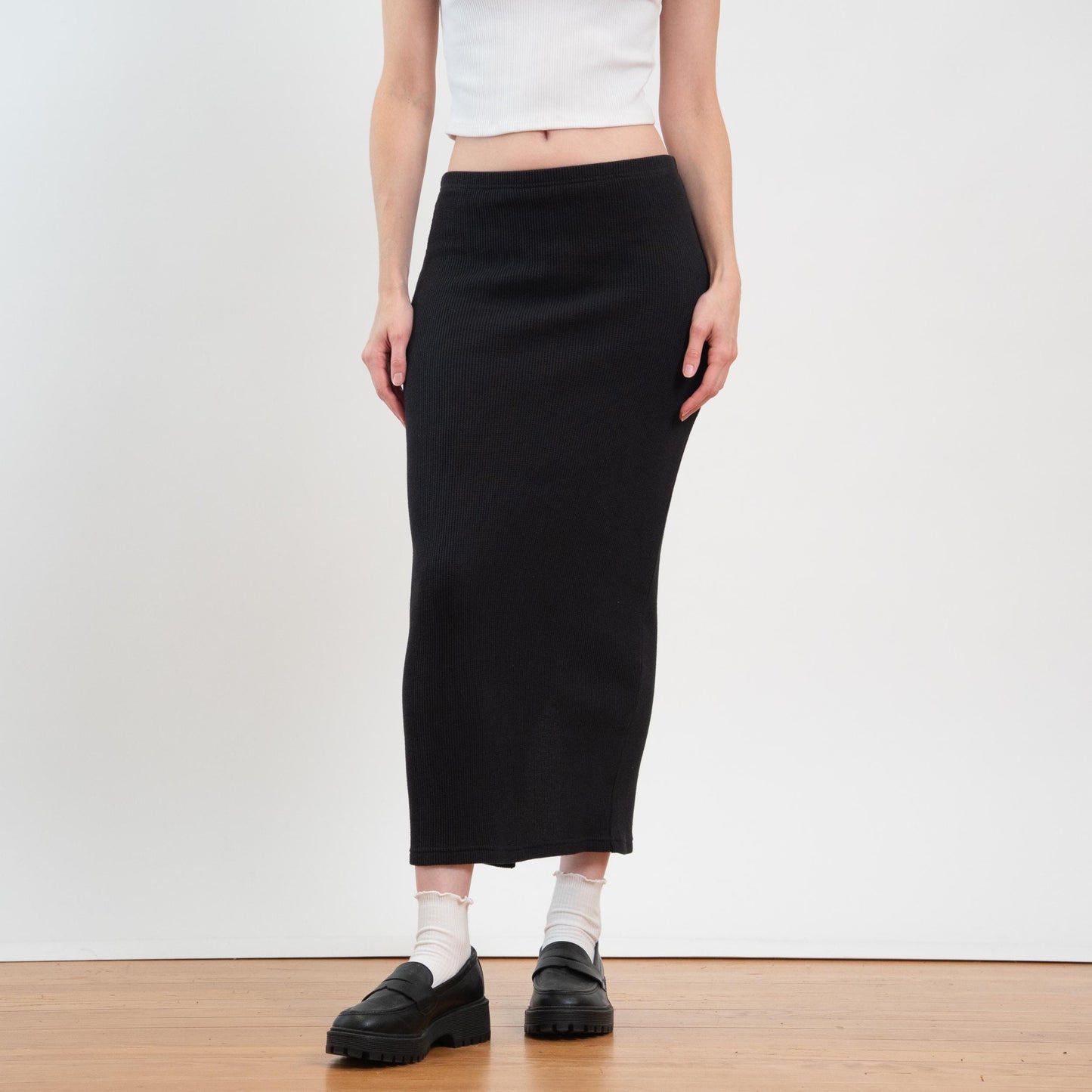 90s Express Black Waffle Knit Maxi Skirt - Small