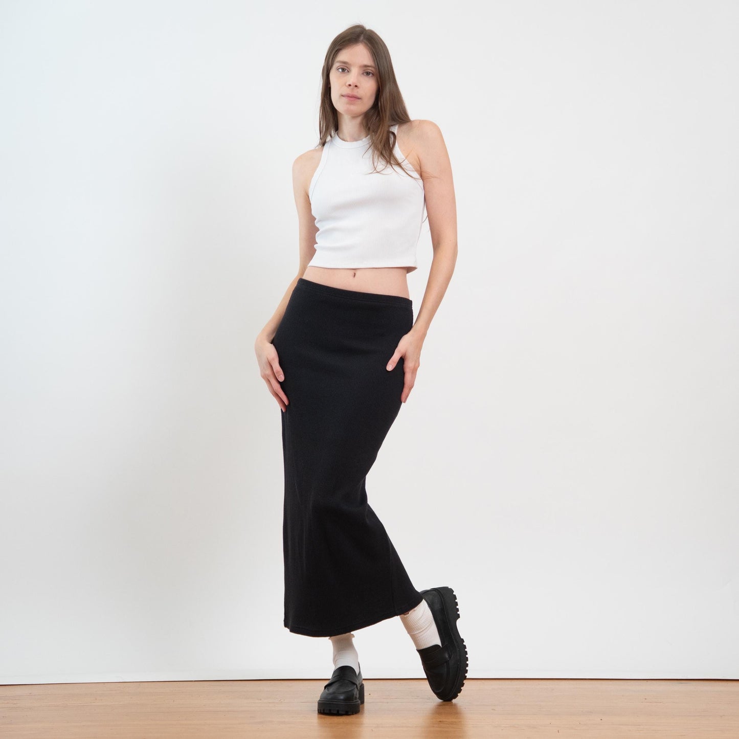 90s Express Black Waffle Knit Maxi Skirt - Small