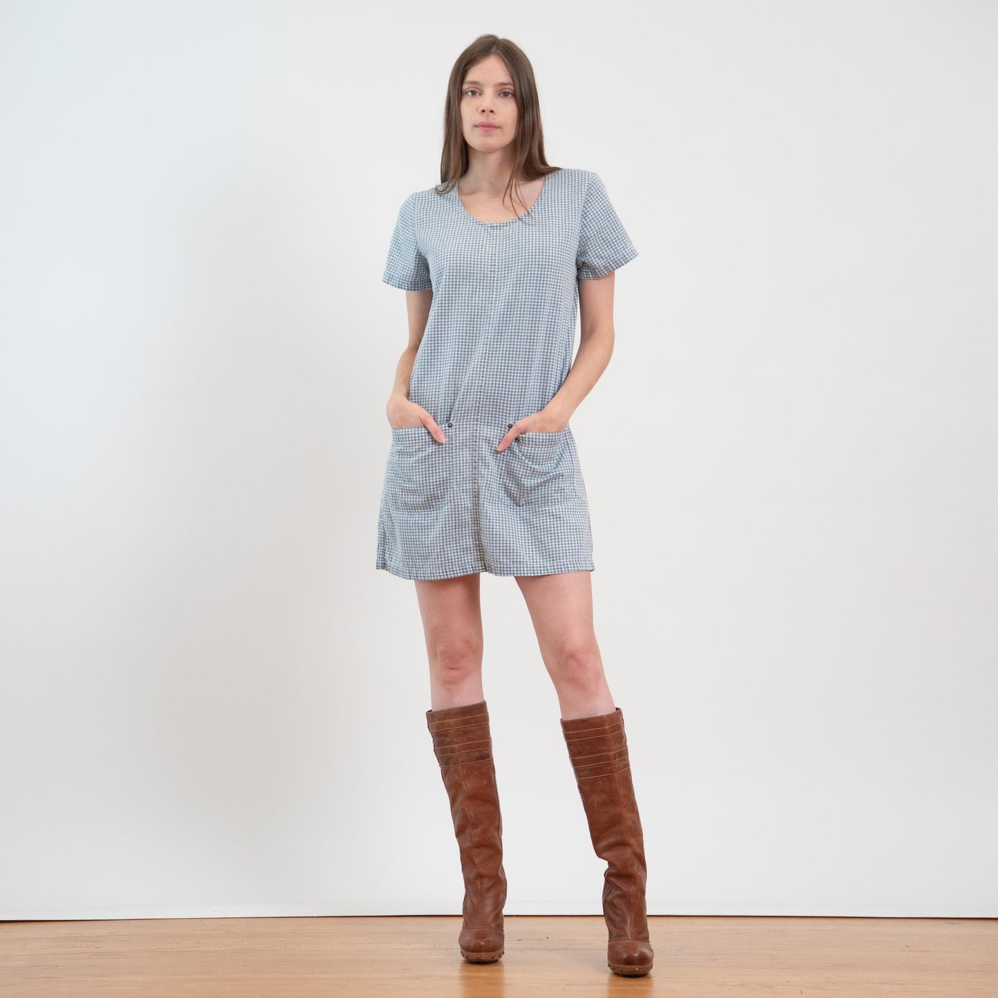 Vintage 90s Blue Gingham Mini Chore Dress - Small