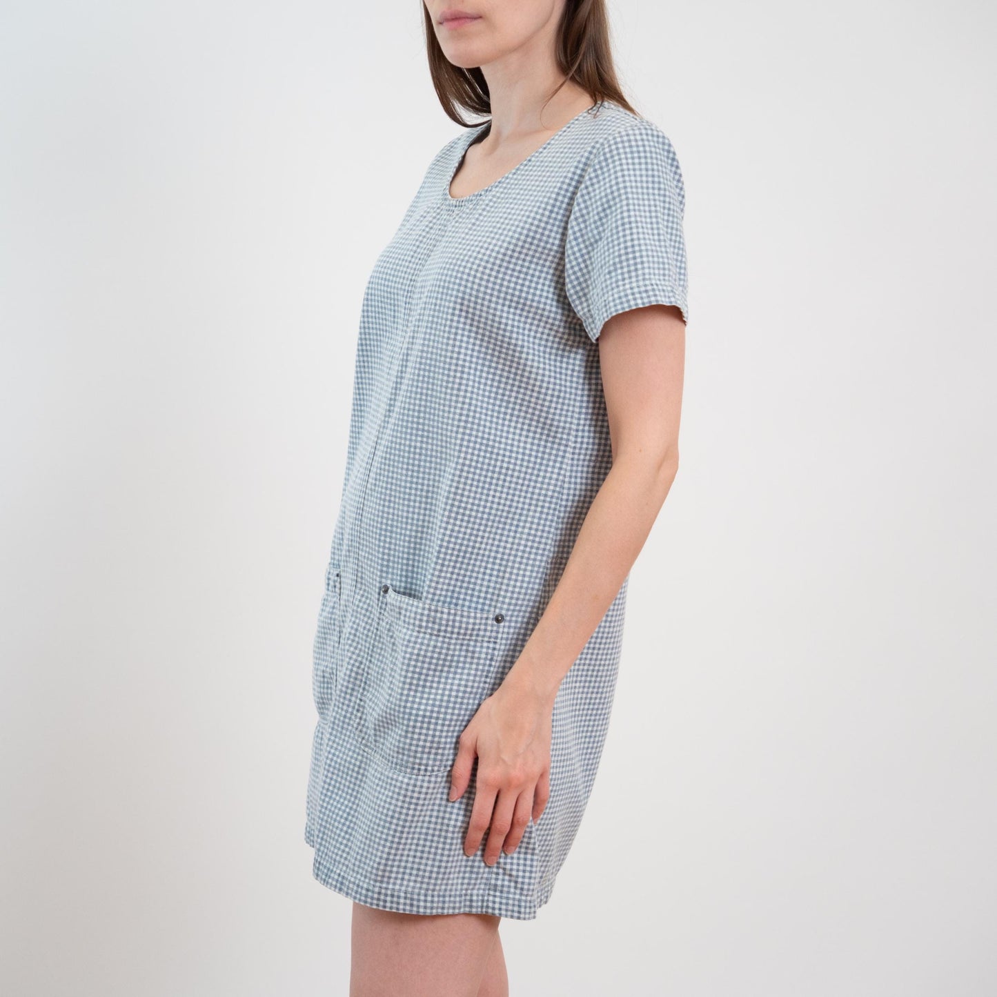 Vintage 90s Blue Gingham Mini Chore Dress - Small