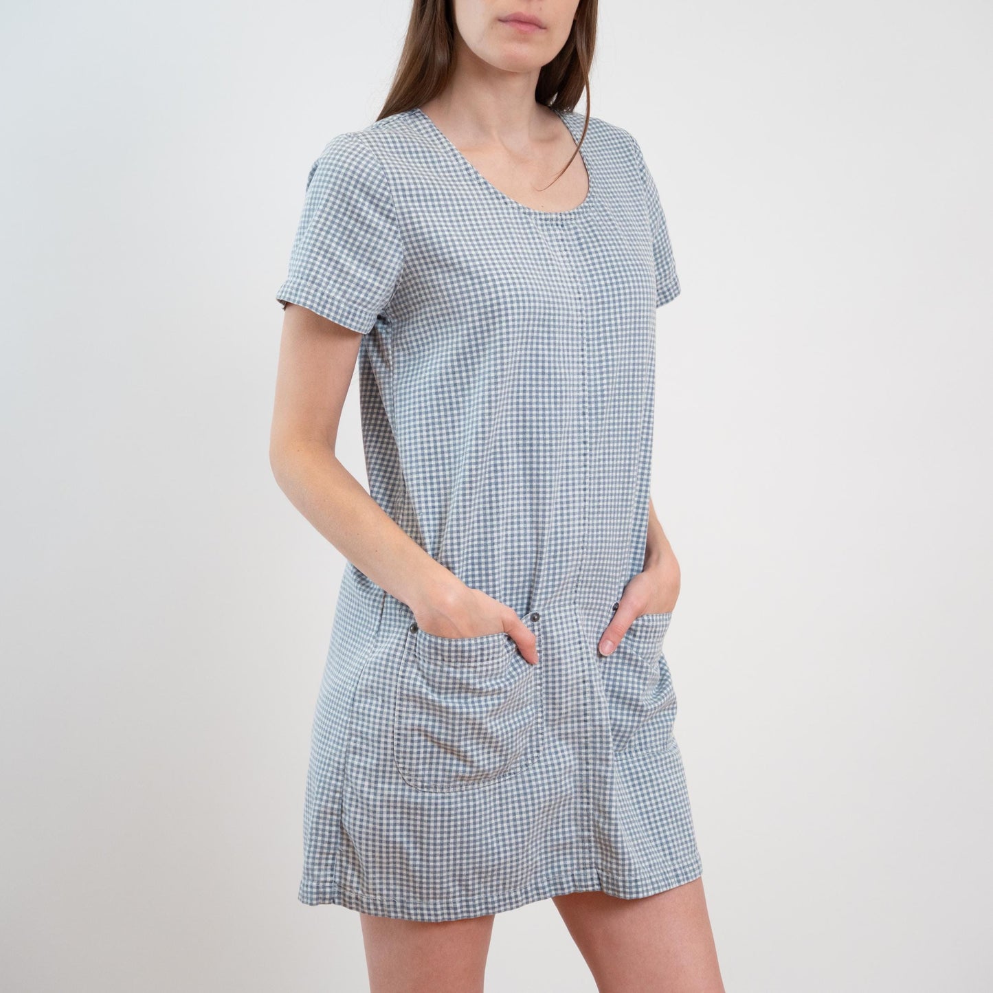 Vintage 90s Blue Gingham Mini Chore Dress - Small