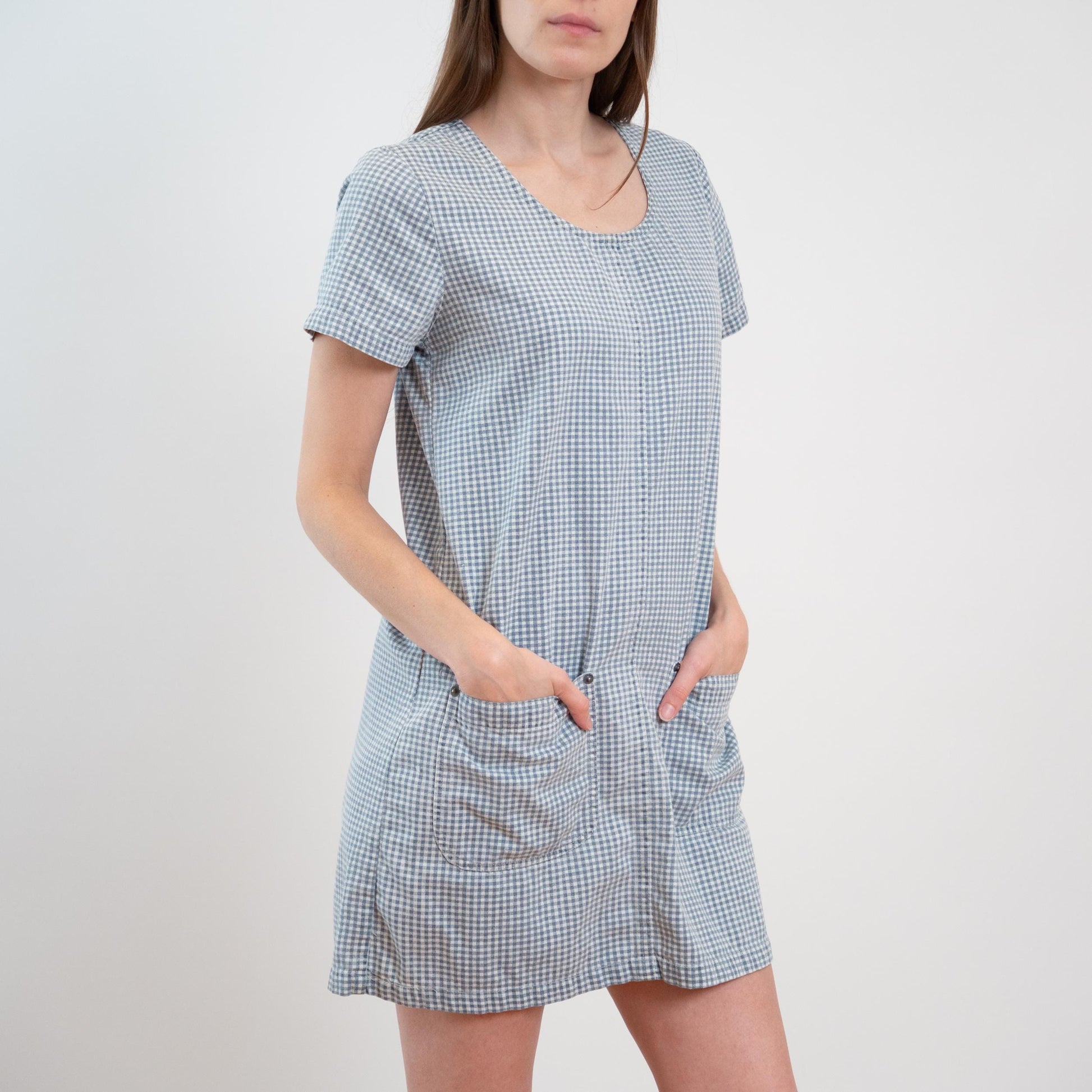 Vintage 90s Blue Gingham Mini Chore Dress - Small