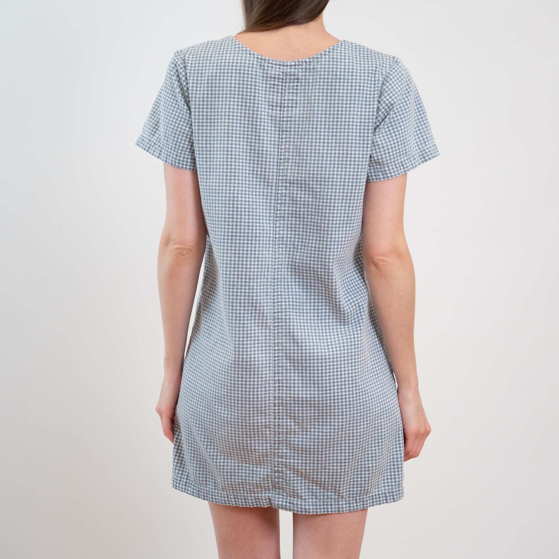 Vintage 90s Blue Gingham Mini Chore Dress - Small