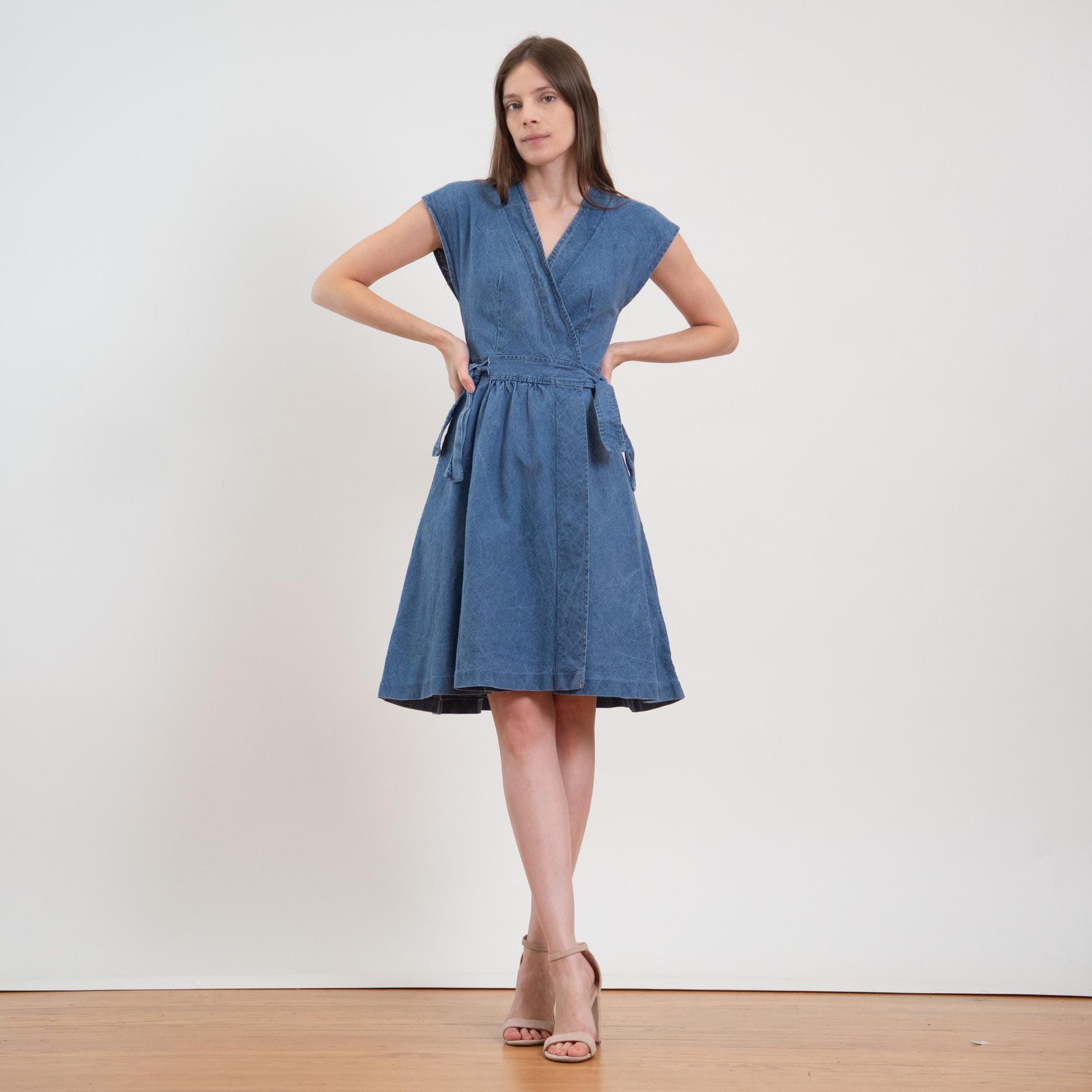 Vintage 70s Denim Midi Wrap Dress - XS to Small | Boho A-Line Cap Sleeve Dress