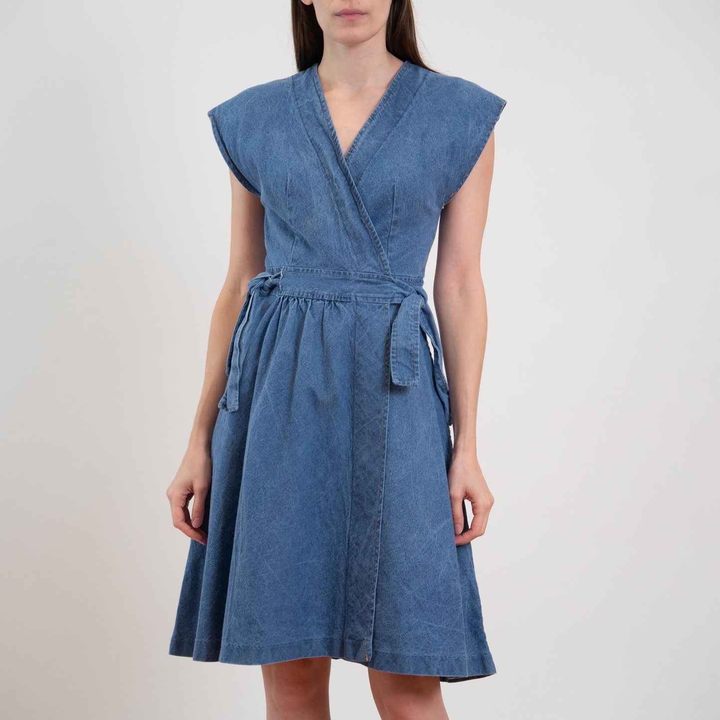 Vintage 70s Denim Midi Wrap Dress - XS to Small | Boho A-Line Cap Sleeve Dress