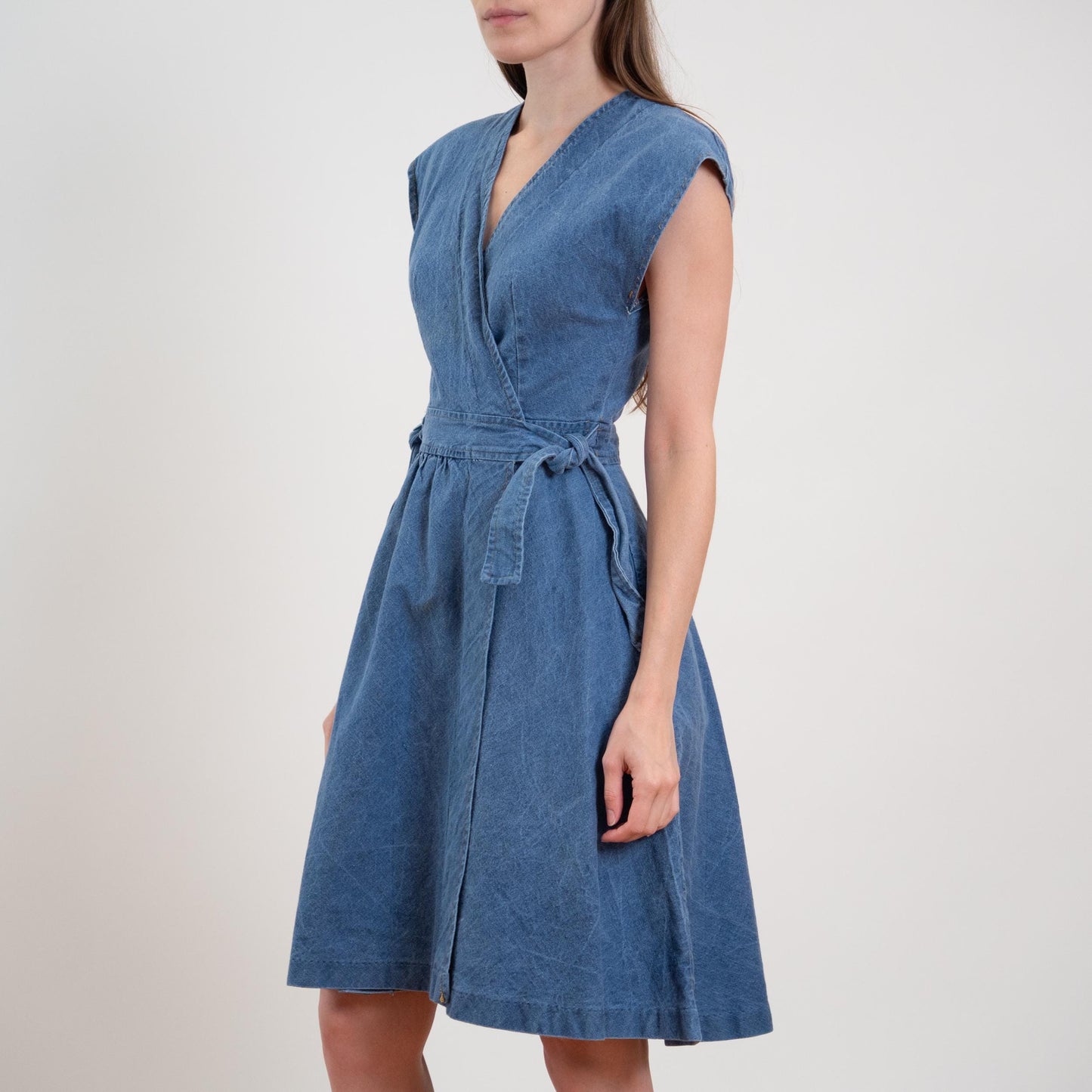 Vintage 70s Denim Midi Wrap Dress - XS to Small | Boho A-Line Cap Sleeve Dress