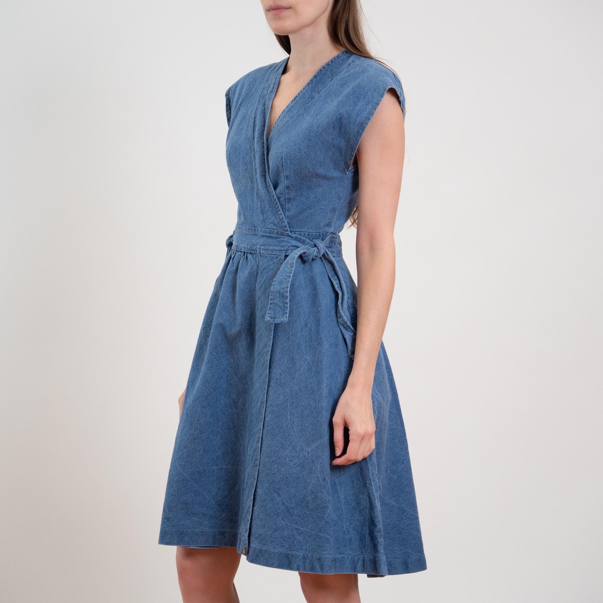 Vintage 70s Denim Midi Wrap Dress - XS to Small | Boho A-Line Cap Sleeve Dress