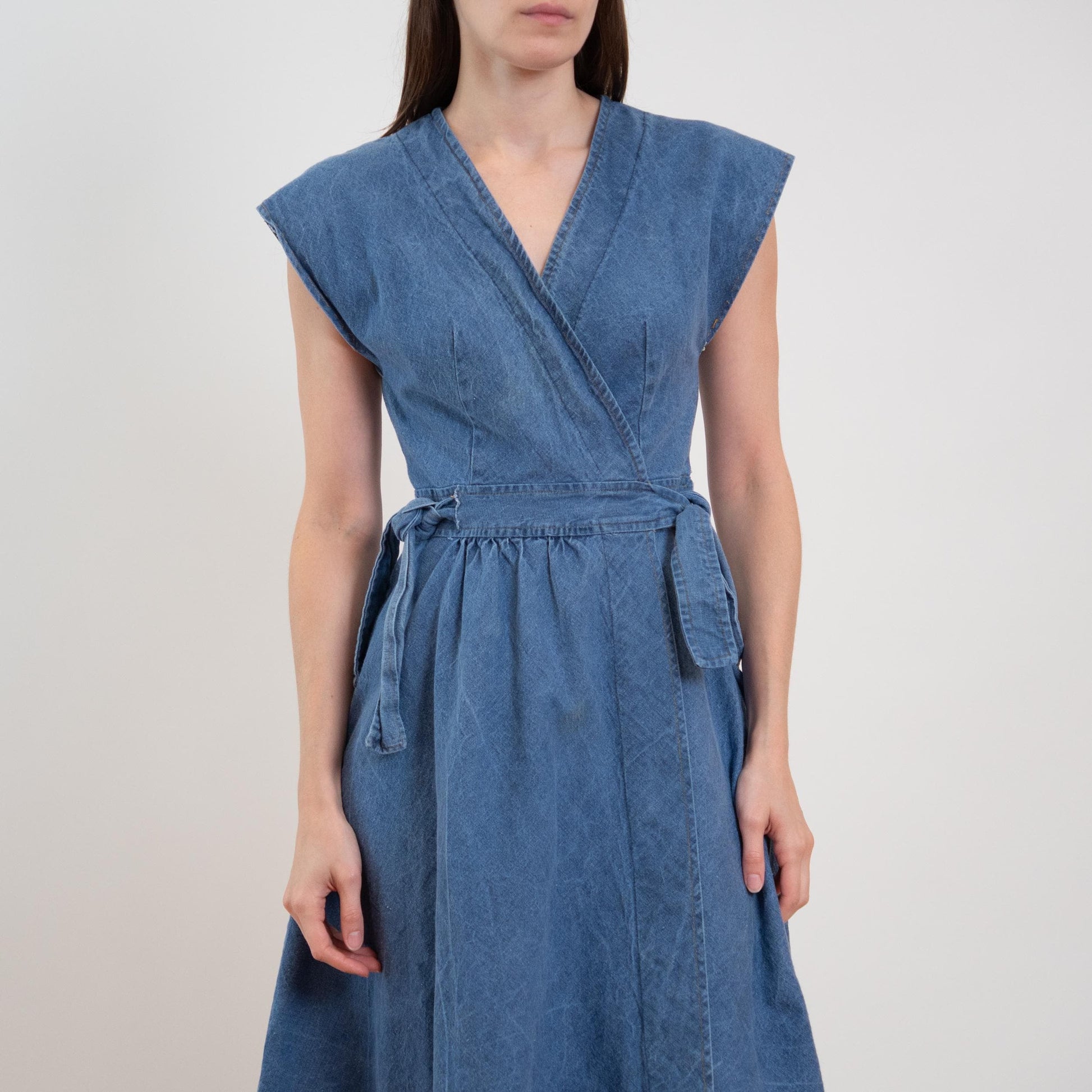 Vintage 70s Denim Midi Wrap Dress - XS to Small | Boho A-Line Cap Sleeve Dress