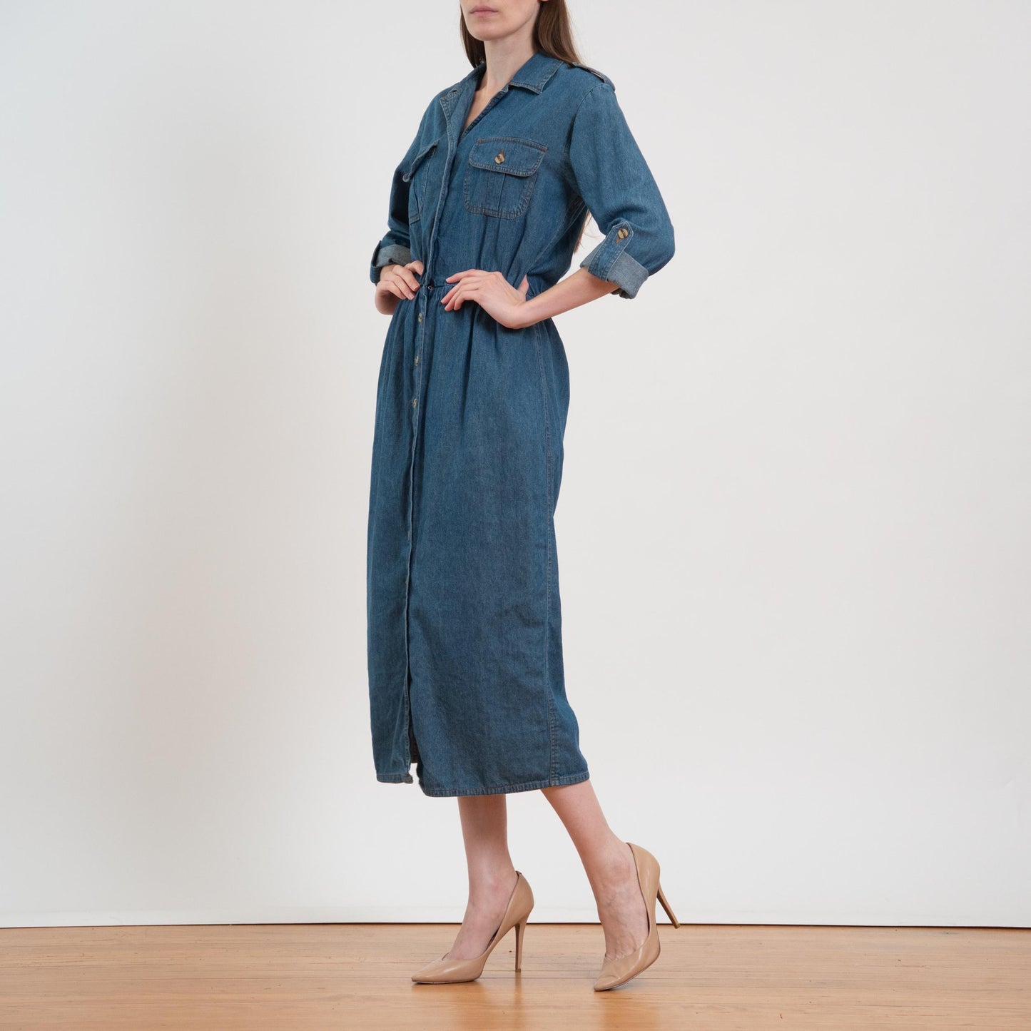 Vintage 80s Chambray Roll Tab Sleeve Midi Shirtdress - Medium