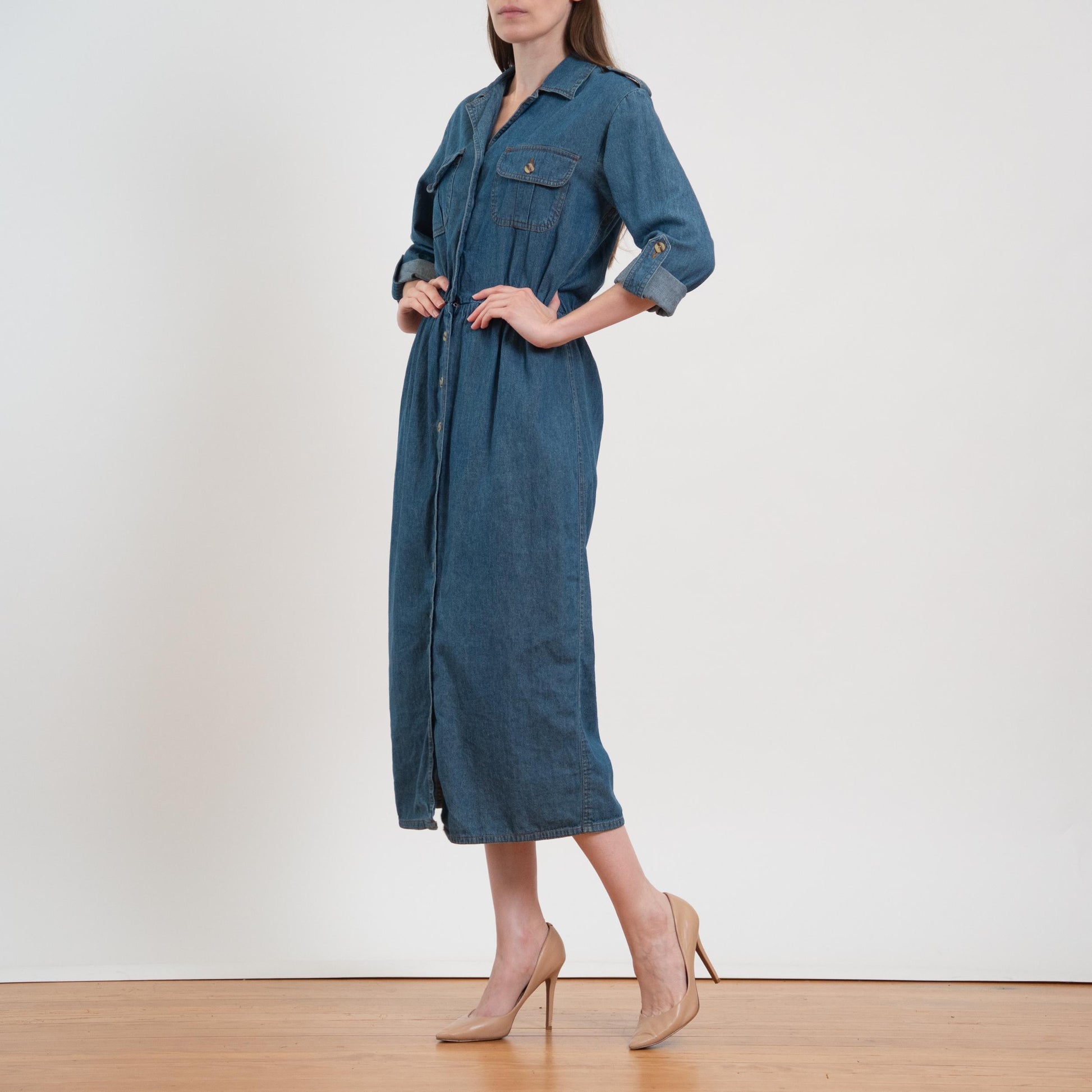 Vintage 80s Chambray Roll Tab Sleeve Midi Shirtdress - Medium