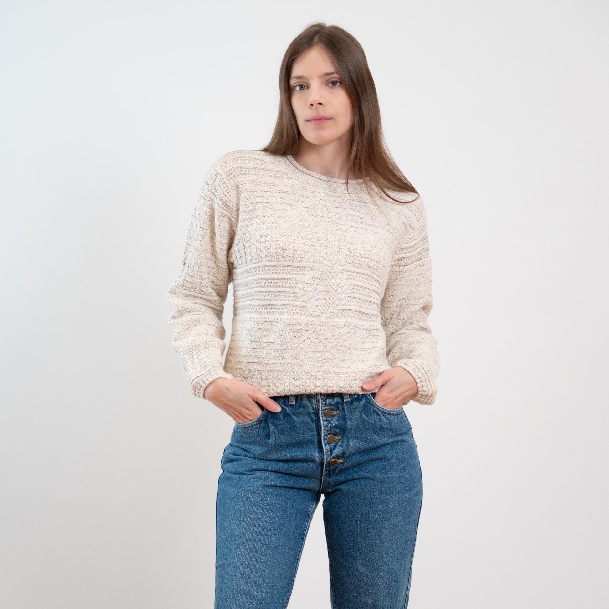 Vintage 80s Cotton Cable Knit Roll Neck Sweater - Small