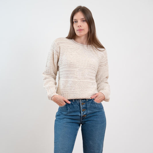 Vintage 80s Cotton Cable Knit Roll Neck Sweater - Small