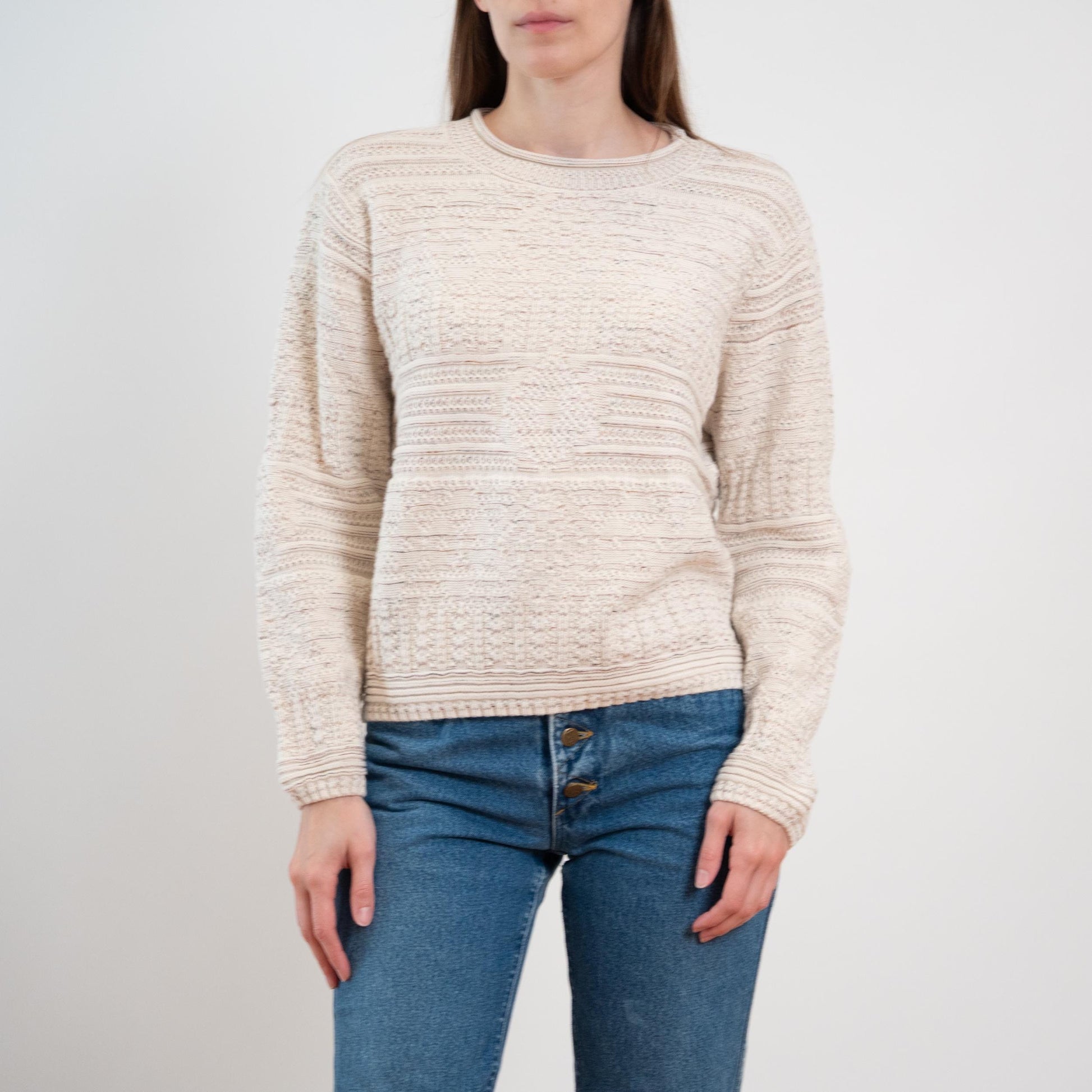 Vintage 80s Cotton Cable Knit Roll Neck Sweater - Small