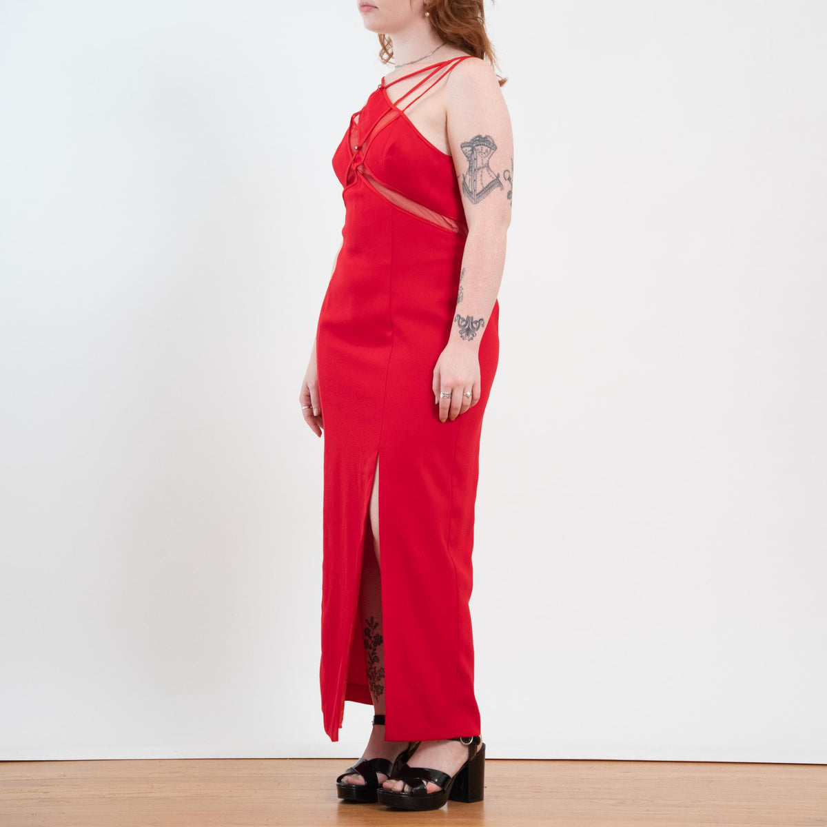 Vintage 90s Red Sheer Panel High Slit Maxi Dress - Large