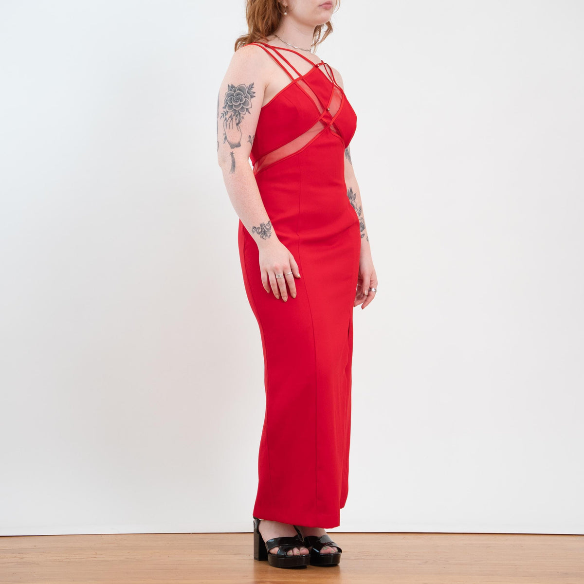 Vintage 90s Red Sheer Panel High Slit Maxi Dress - Large