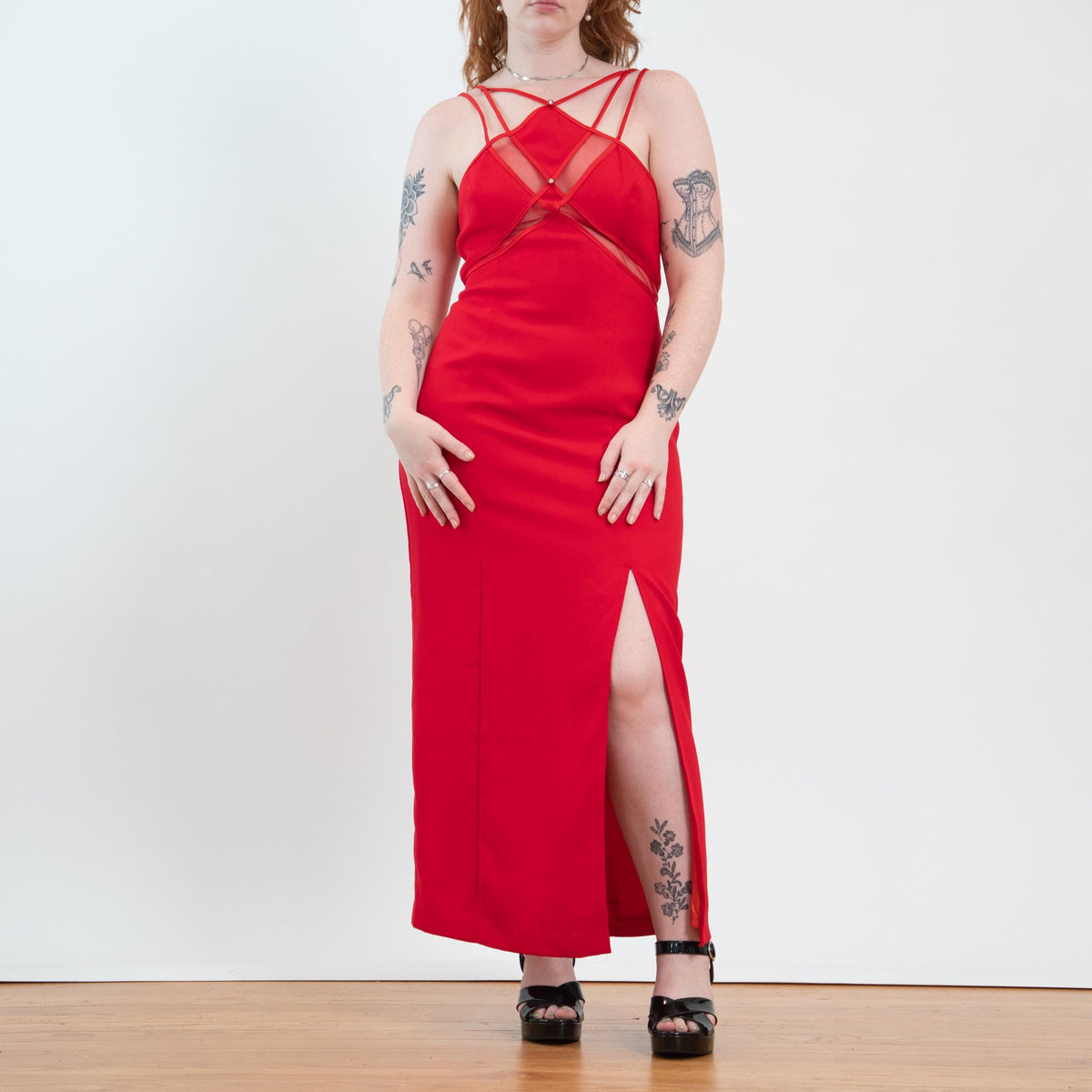 Vintage 90s Red Sheer Panel High Slit Maxi Dress - Large