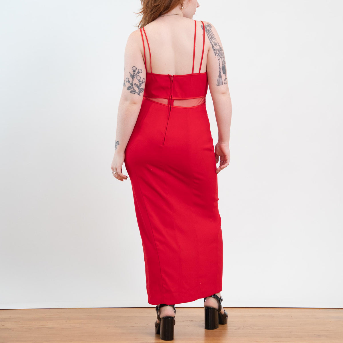 Vintage 90s Red Sheer Panel High Slit Maxi Dress - Large