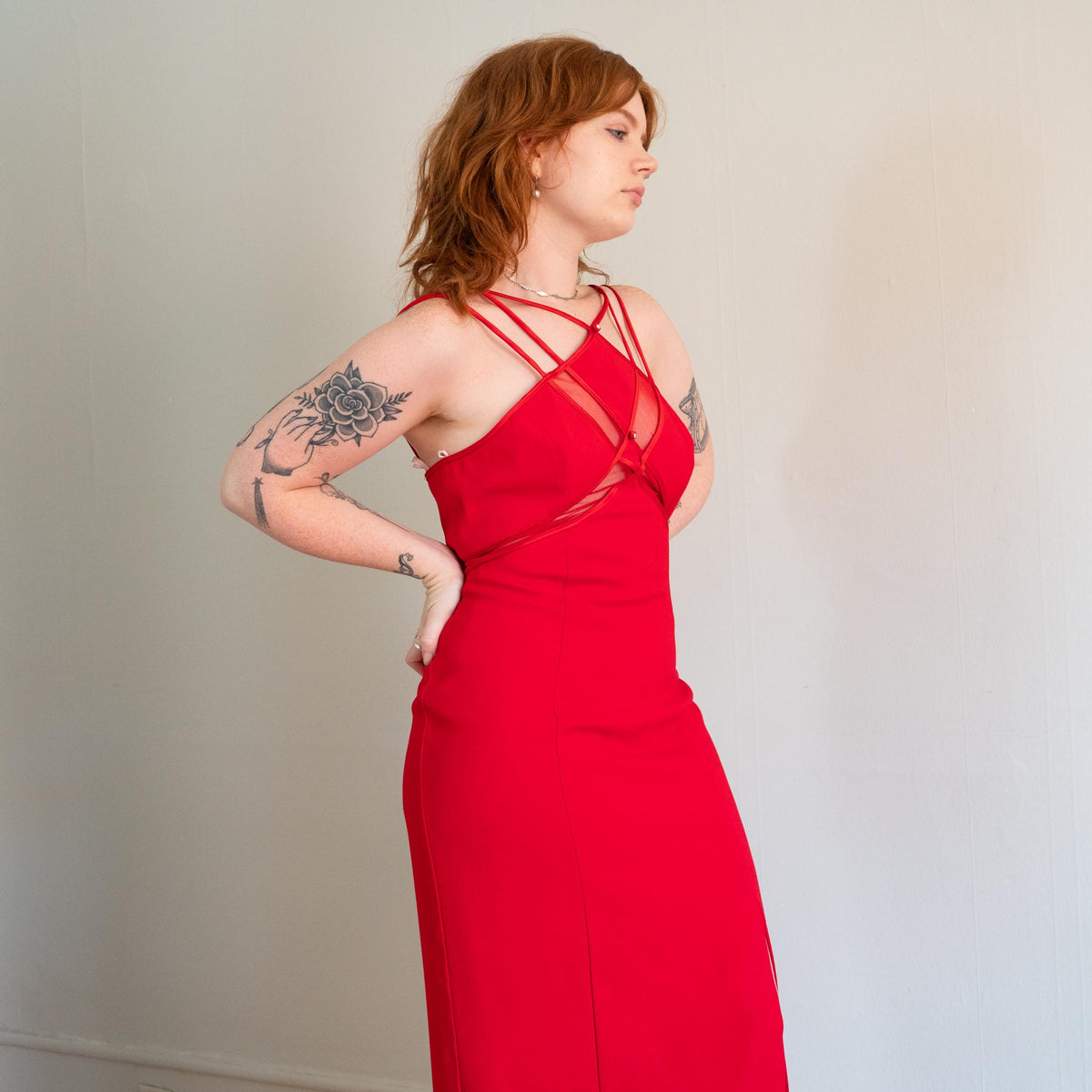 Vintage 90s Red Sheer Panel High Slit Maxi Dress - Large