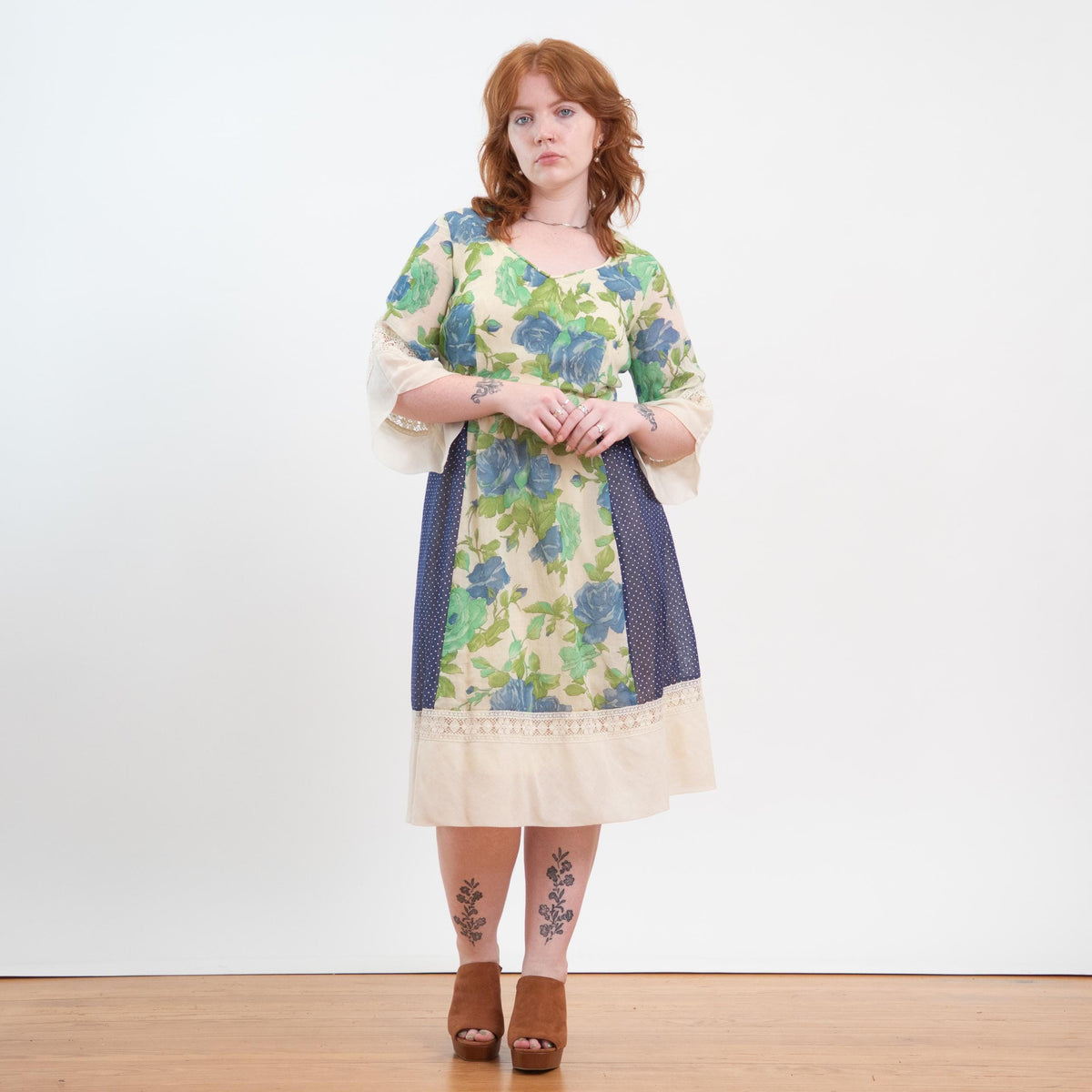 Vintage 70s Floral Patchwork Angel Sleeve Prairie Dress - Medium 