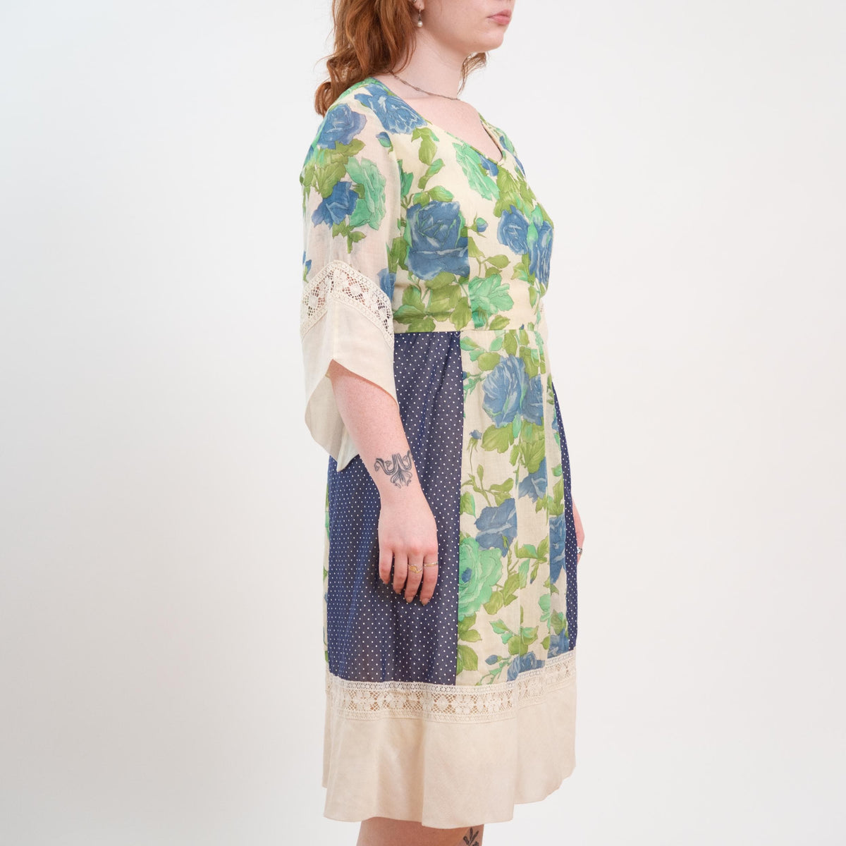 Vintage 70s Floral Patchwork Angel Sleeve Prairie Dress - Medium 