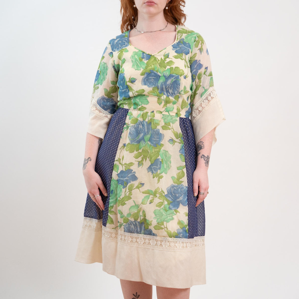Vintage 70s Floral Patchwork Angel Sleeve Prairie Dress - Medium 