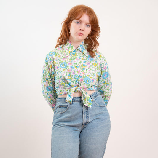 Vintage 70s Cartoon Floral Wing Tip Collar Shirt - Extra Large