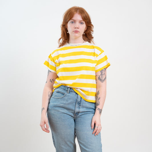 80s 90s Yellow & White Striped Boxy Crop Tee - Large 