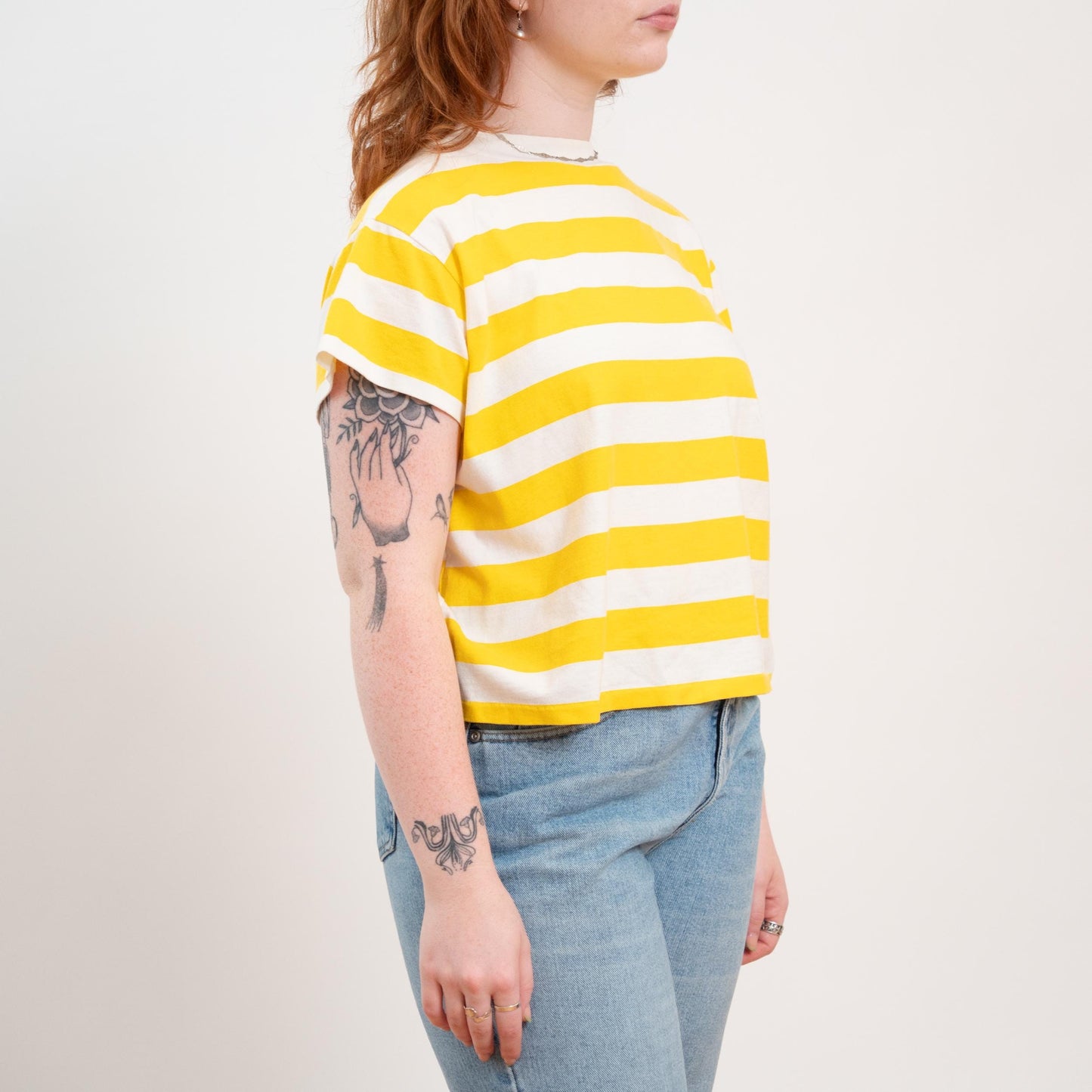 80s 90s Yellow & White Striped Boxy Crop Tee - Large 