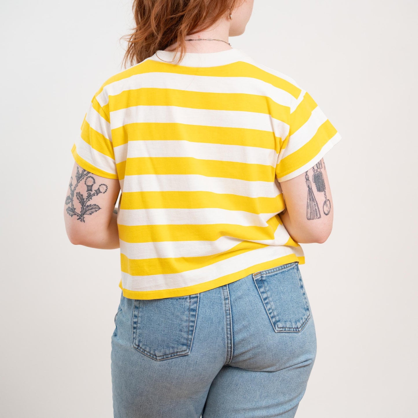 80s 90s Yellow & White Striped Boxy Crop Tee - Large 