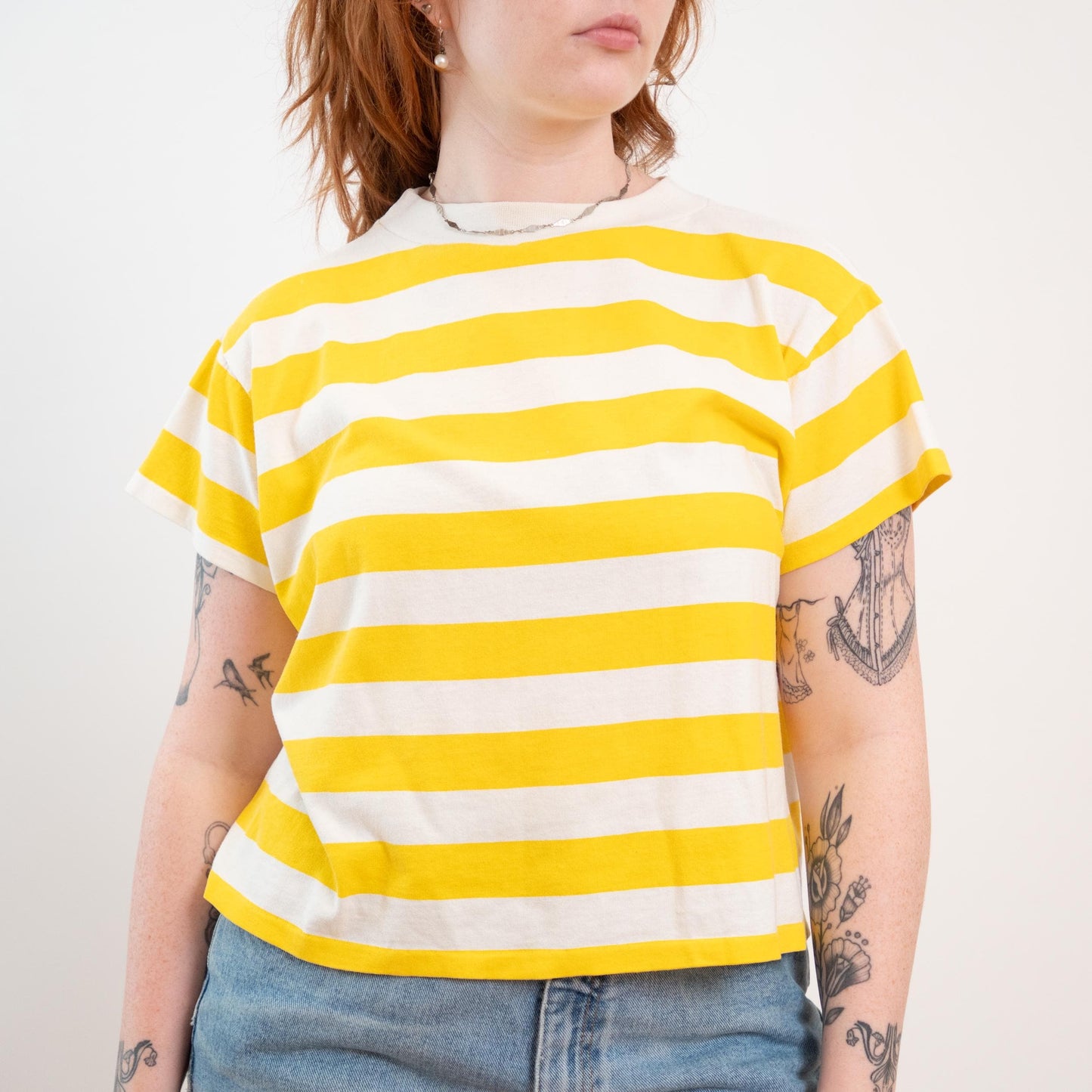 80s 90s Yellow & White Striped Boxy Crop Tee - Large 