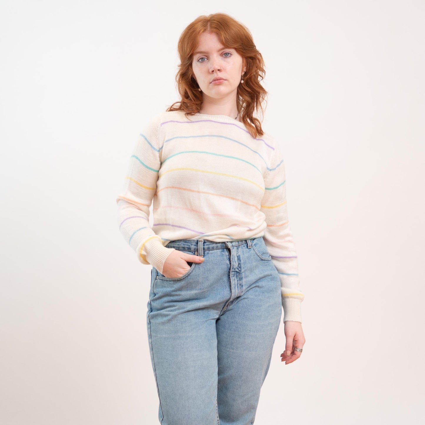 Vintage 80s Pastel Rainbow Striped Boatneck Sweater - Large