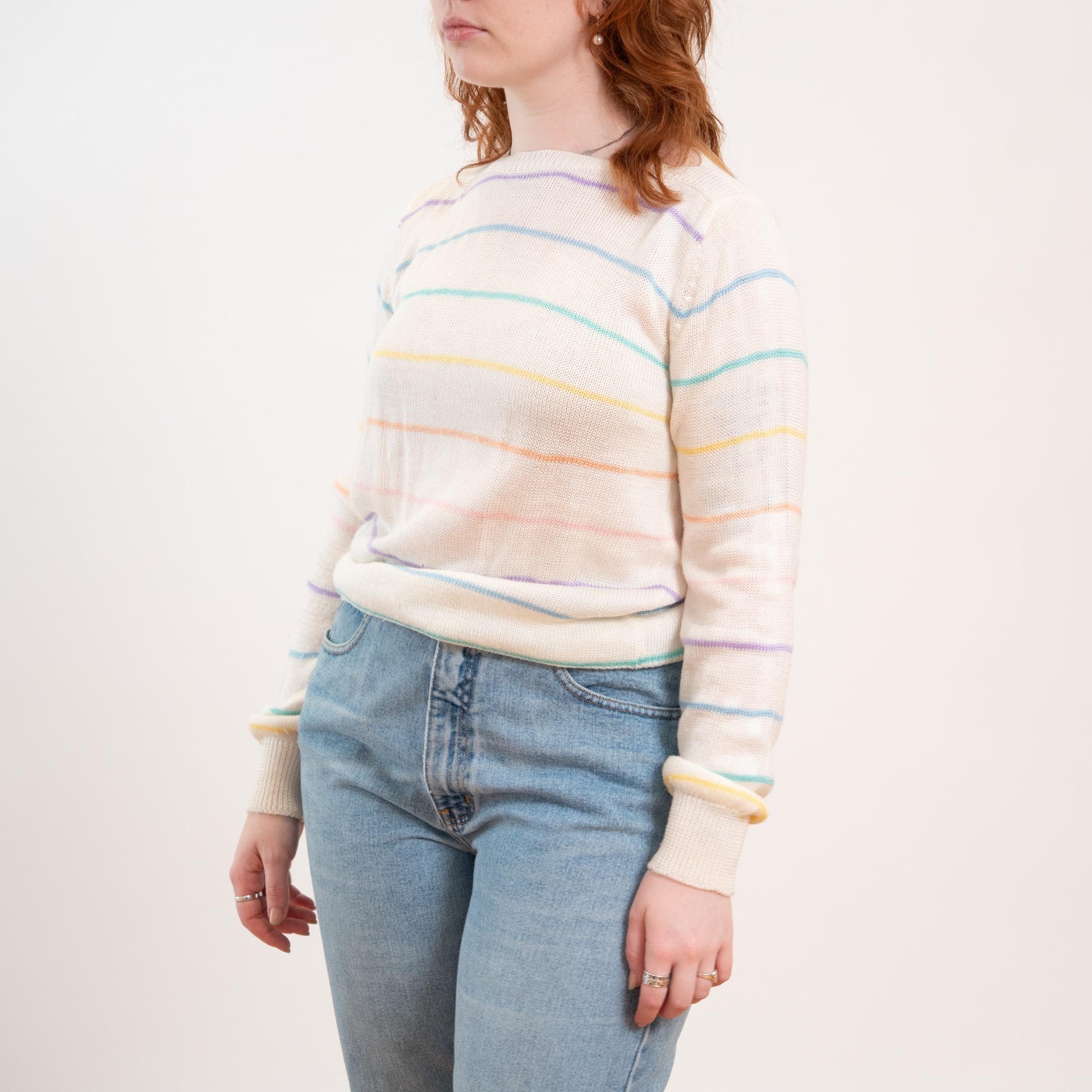 Vintage 80s Pastel Rainbow Striped Boatneck Sweater - Large