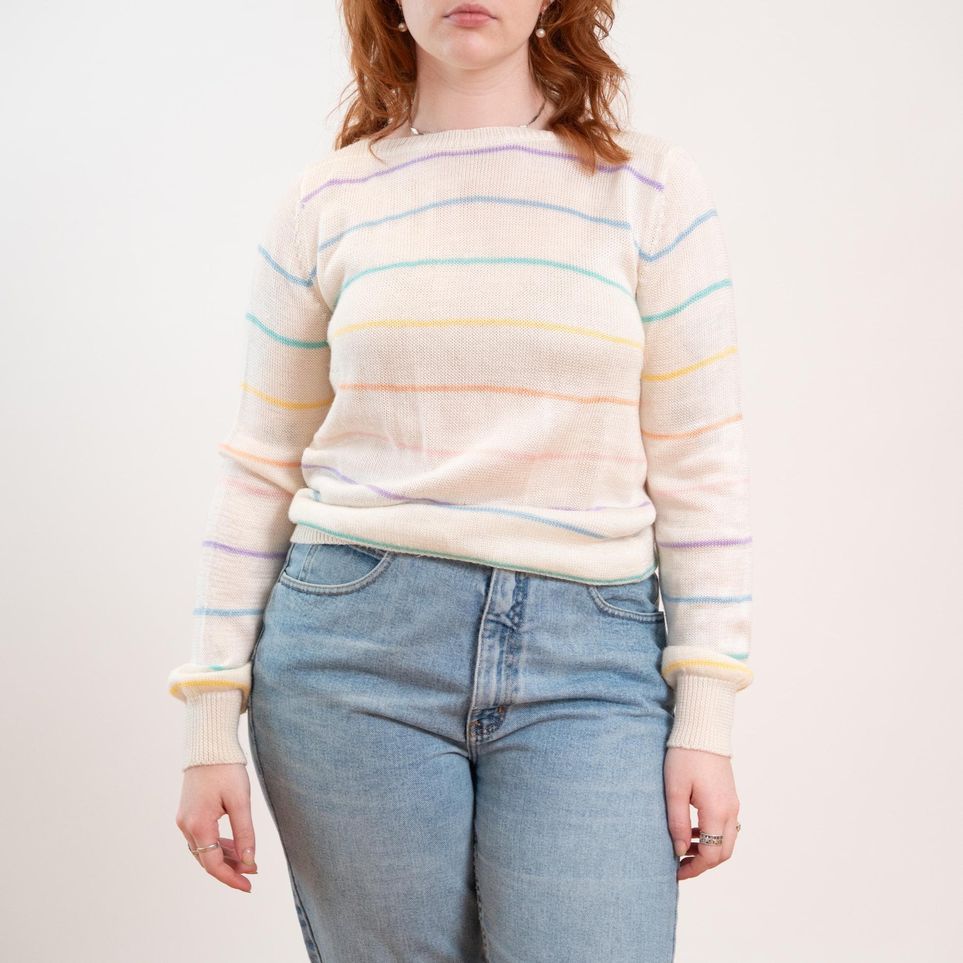 Vintage 80s Pastel Rainbow Striped Boatneck Sweater - Large