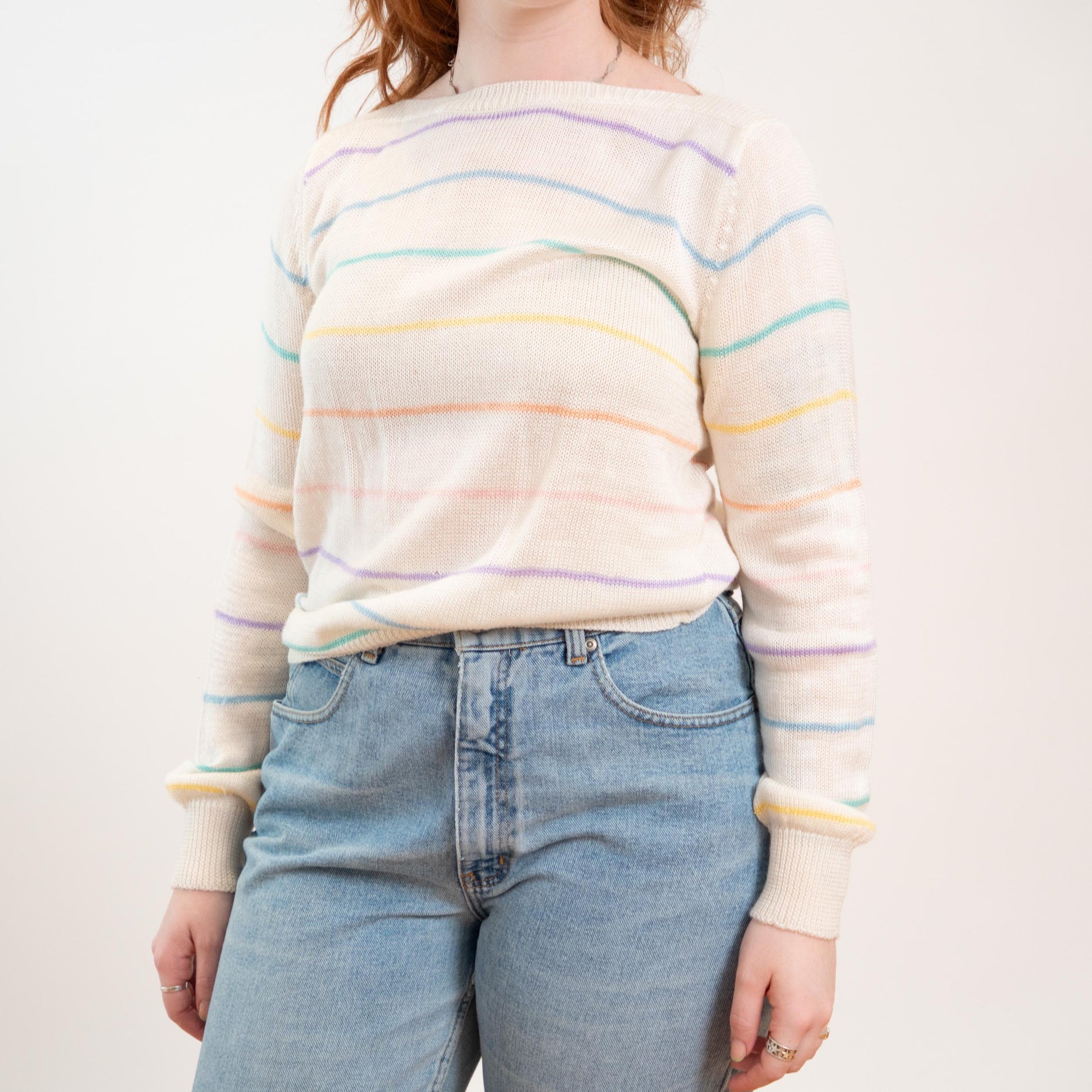 Vintage 80s Pastel Rainbow Striped Boatneck Sweater - Large